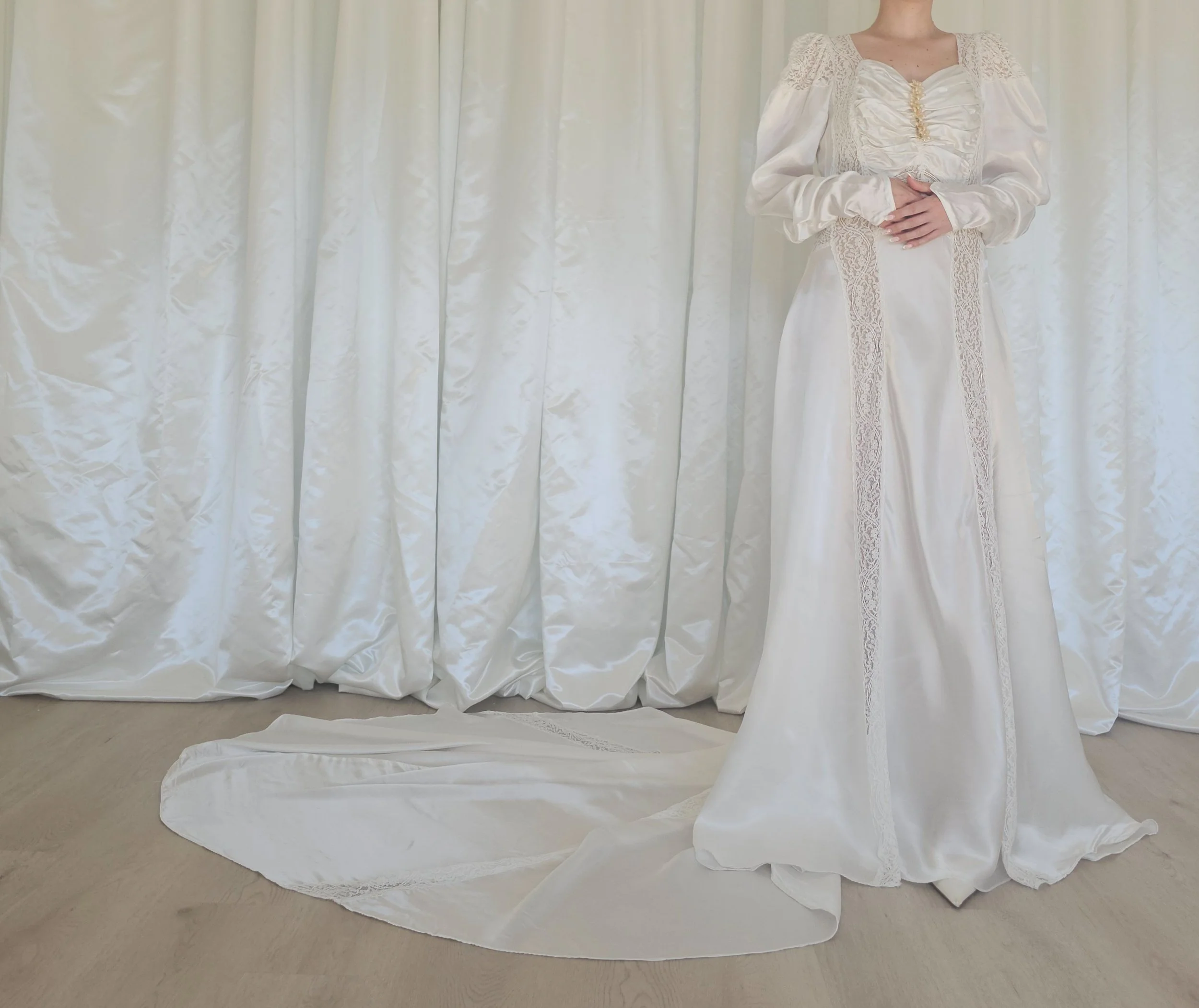 c. 1940s Ivory Satin Wedding Gown with Wax Blossoms & Lace-Panelled Cathedral Train