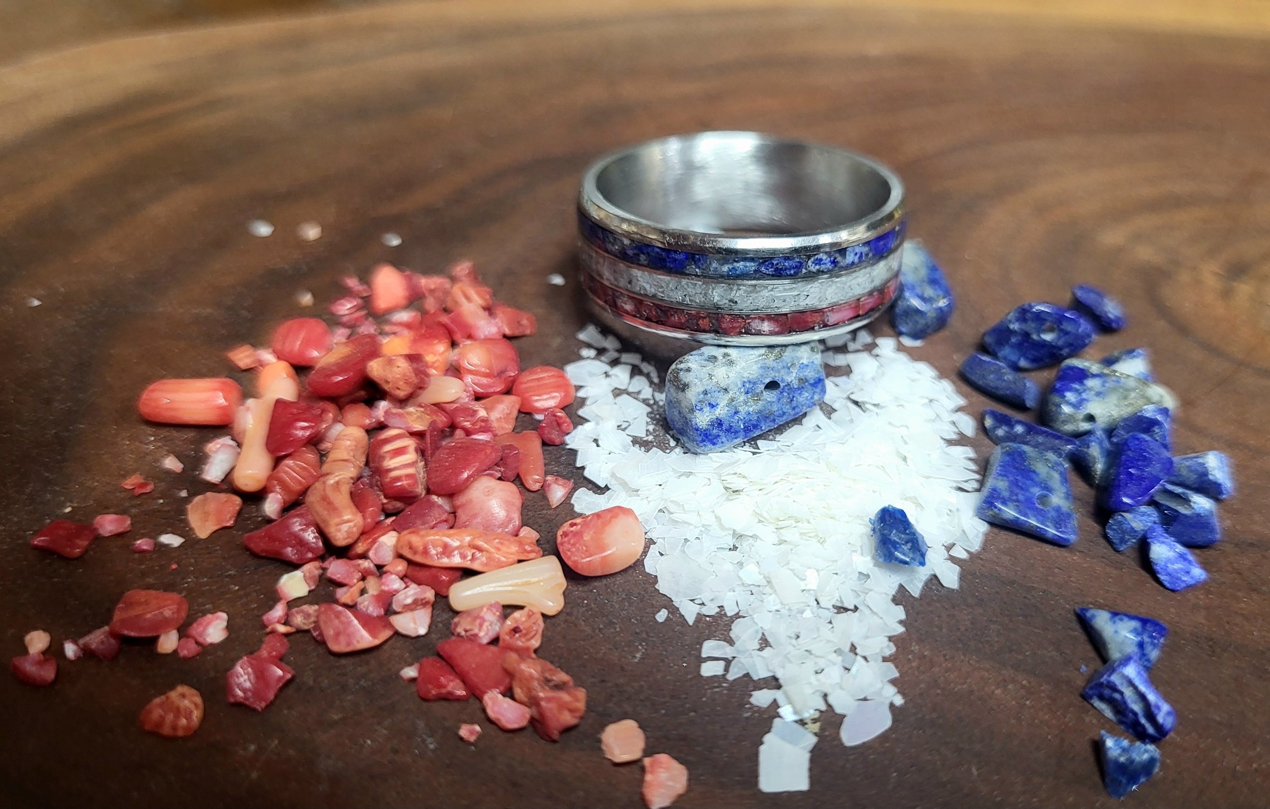 "The Patriot" Three channel core with Red Coral, crushed shell and Blue Lapis.