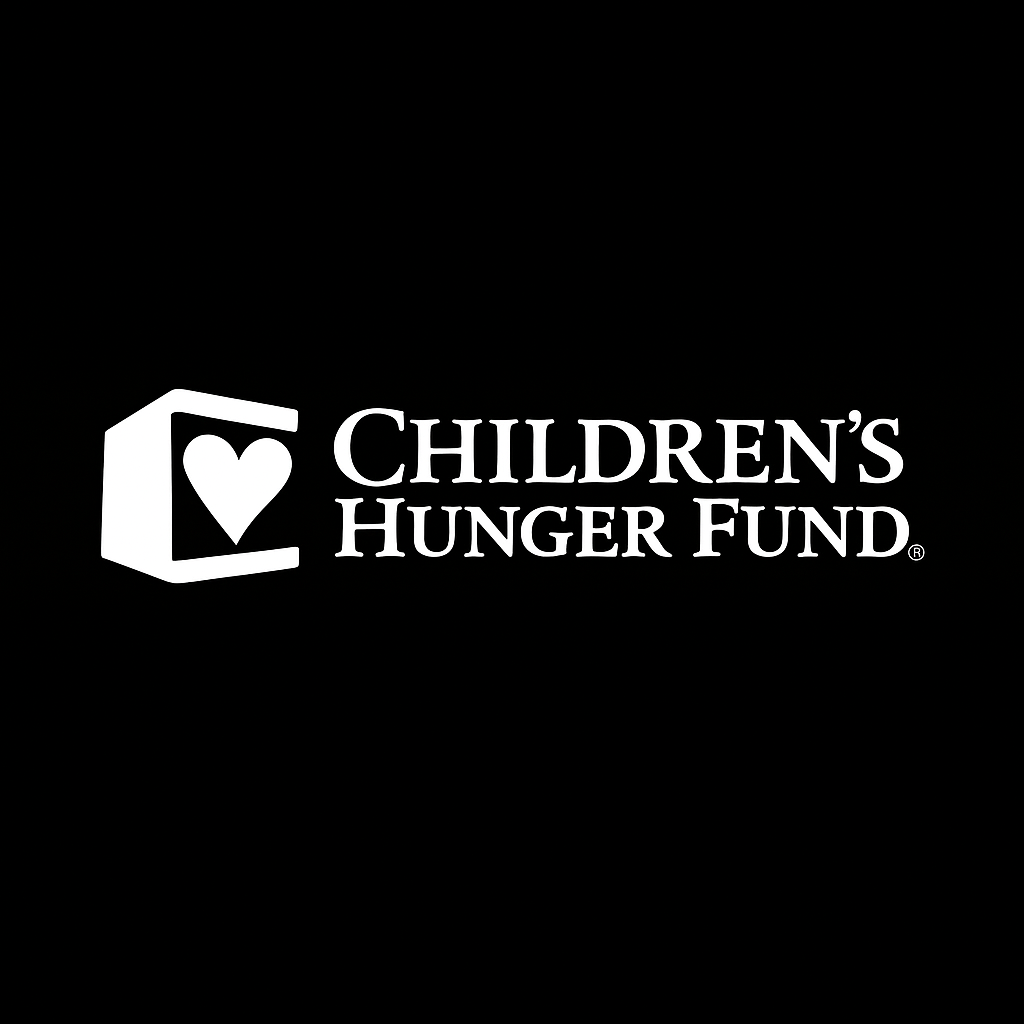 Black background with white logo of the Children's Hunger Fund, featuring a stylized open box with a heart inside and the organization's name.