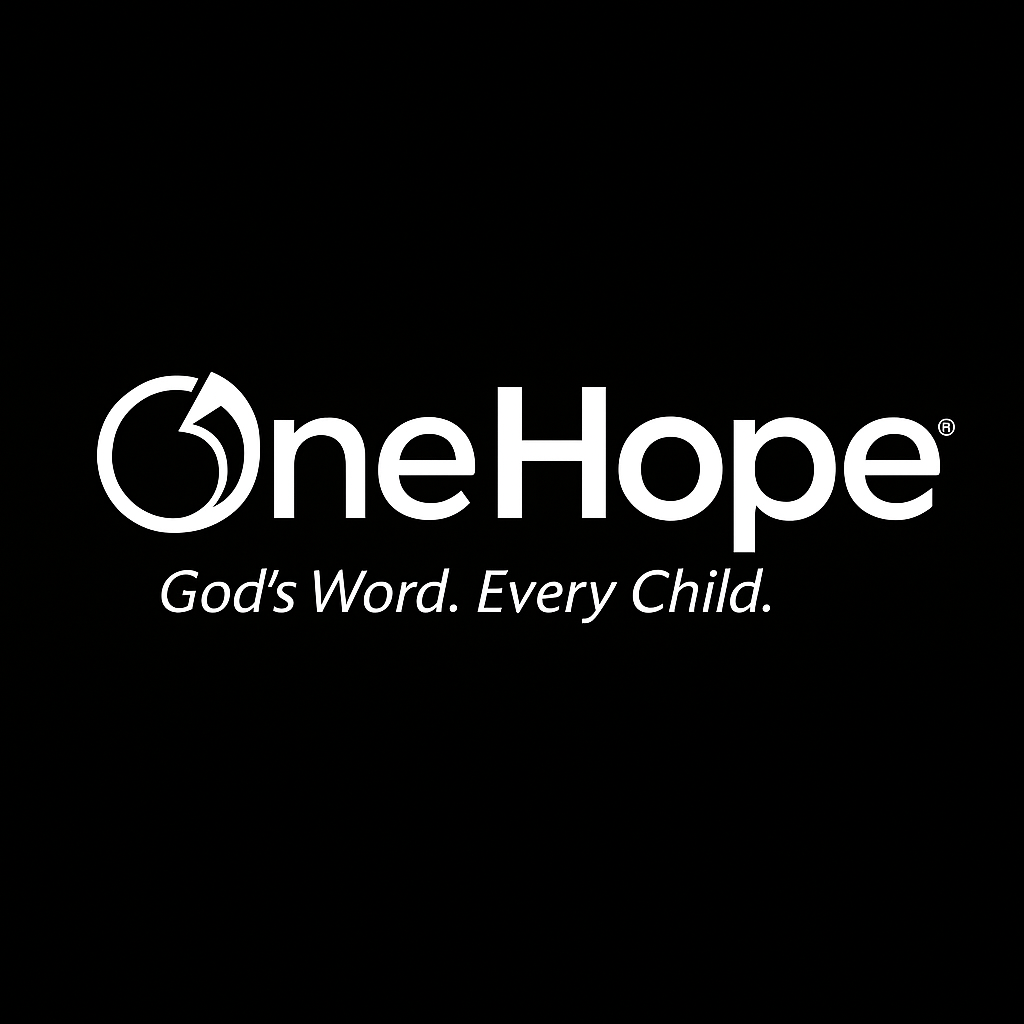 OneHope logo with tagline 'God's Word. Every Child.' on black background.