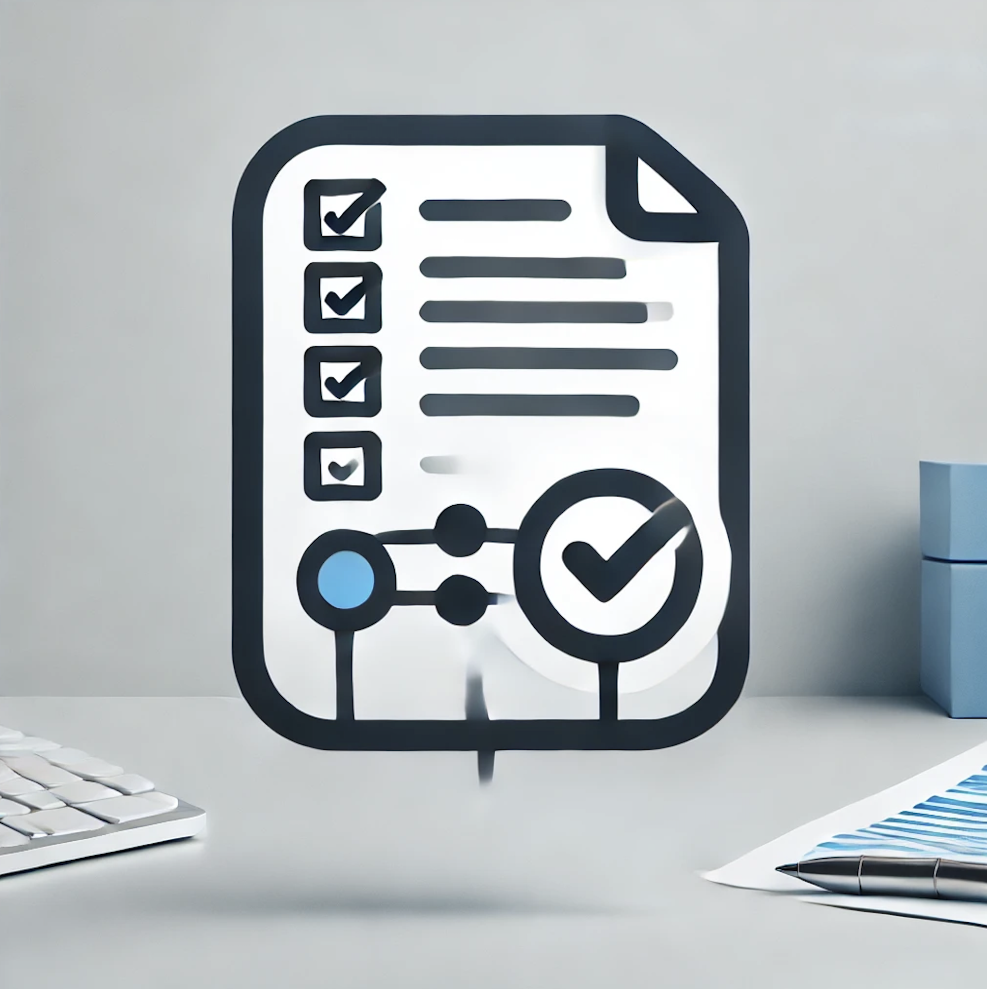 Illustration of a checklist with check marks, a slider, and a large check mark, placed on a workspace with a keyboard, a pen, and paper.