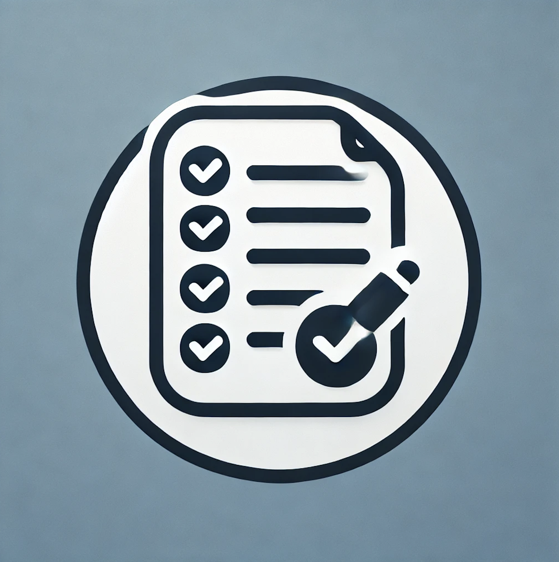 Icon of a checklist with five items and a large checkmark at the bottom, featuring a checkmark symbol and a marker.