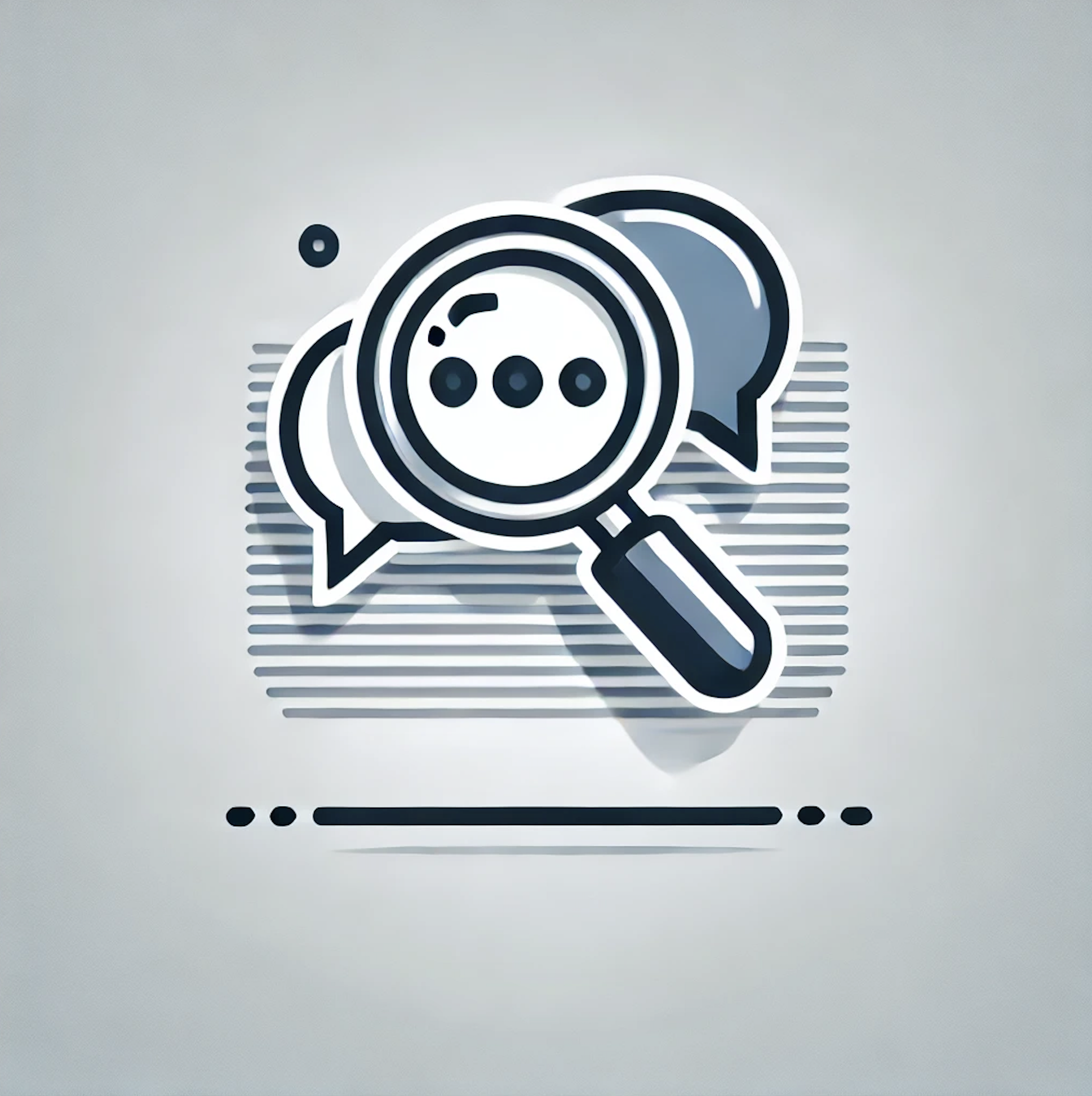 Icon of a magnifying glass over speech bubbles, representing search and communication.
