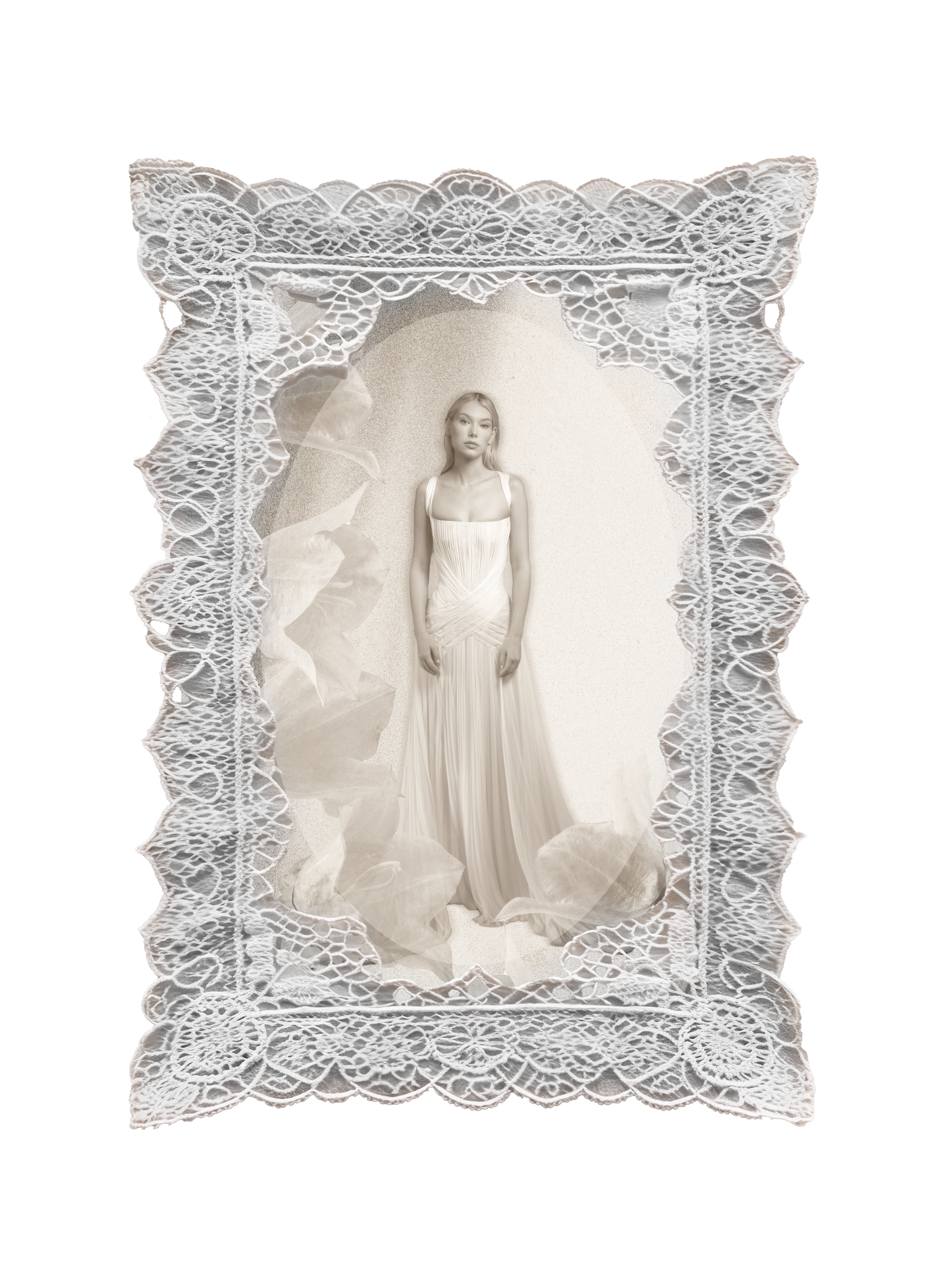 A woman in a flowing, elegant bridal gown standing inside a decorative lace frame. The background is light and textured, with some flowers partially covering the lower left side of the image.