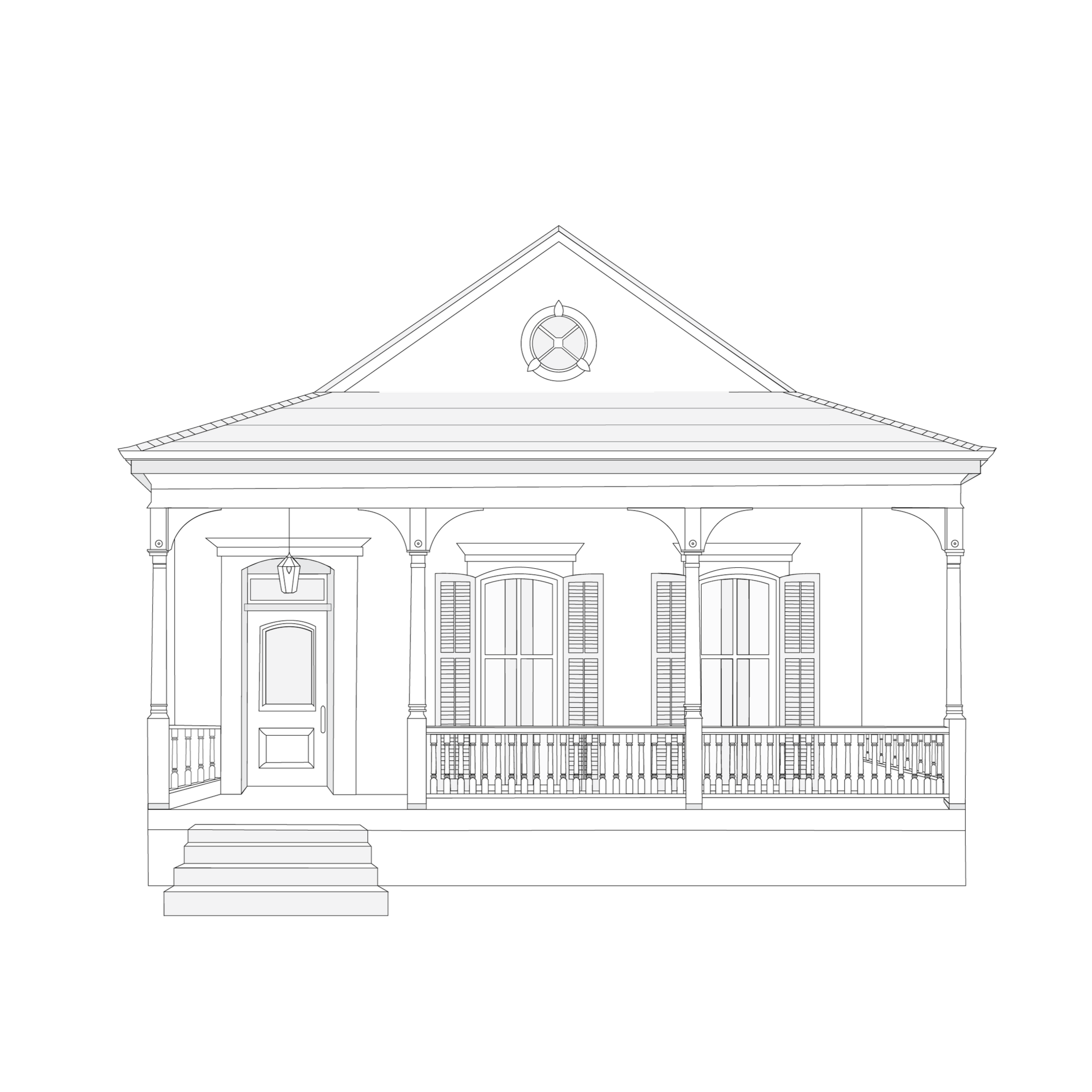 Black and white line drawing of a house with steps leading to the front door on left , two windows with shutters on right, and a circular window at top of house.