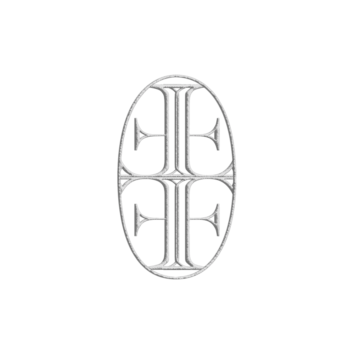 A silver, elongated oval shape emblem with intricate, symmetrical cross-like patterns inside.