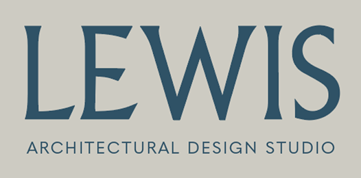 Logo with the text 'LEWIS ARCHITECTURAL DESIGN STUDIO' in blue on a light gray background.