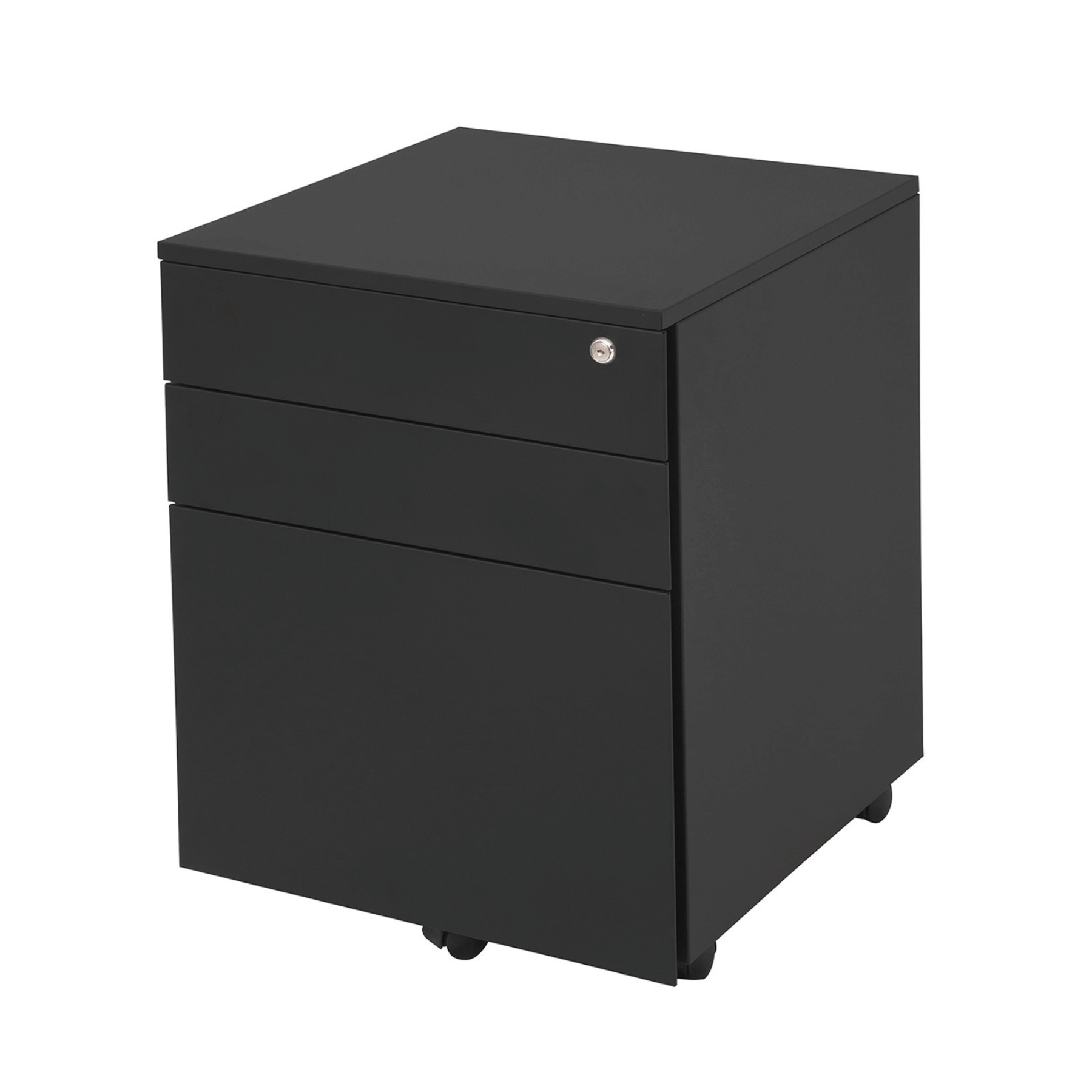 Stone-46 black mobile pedestal with three drawers and castor wheels.