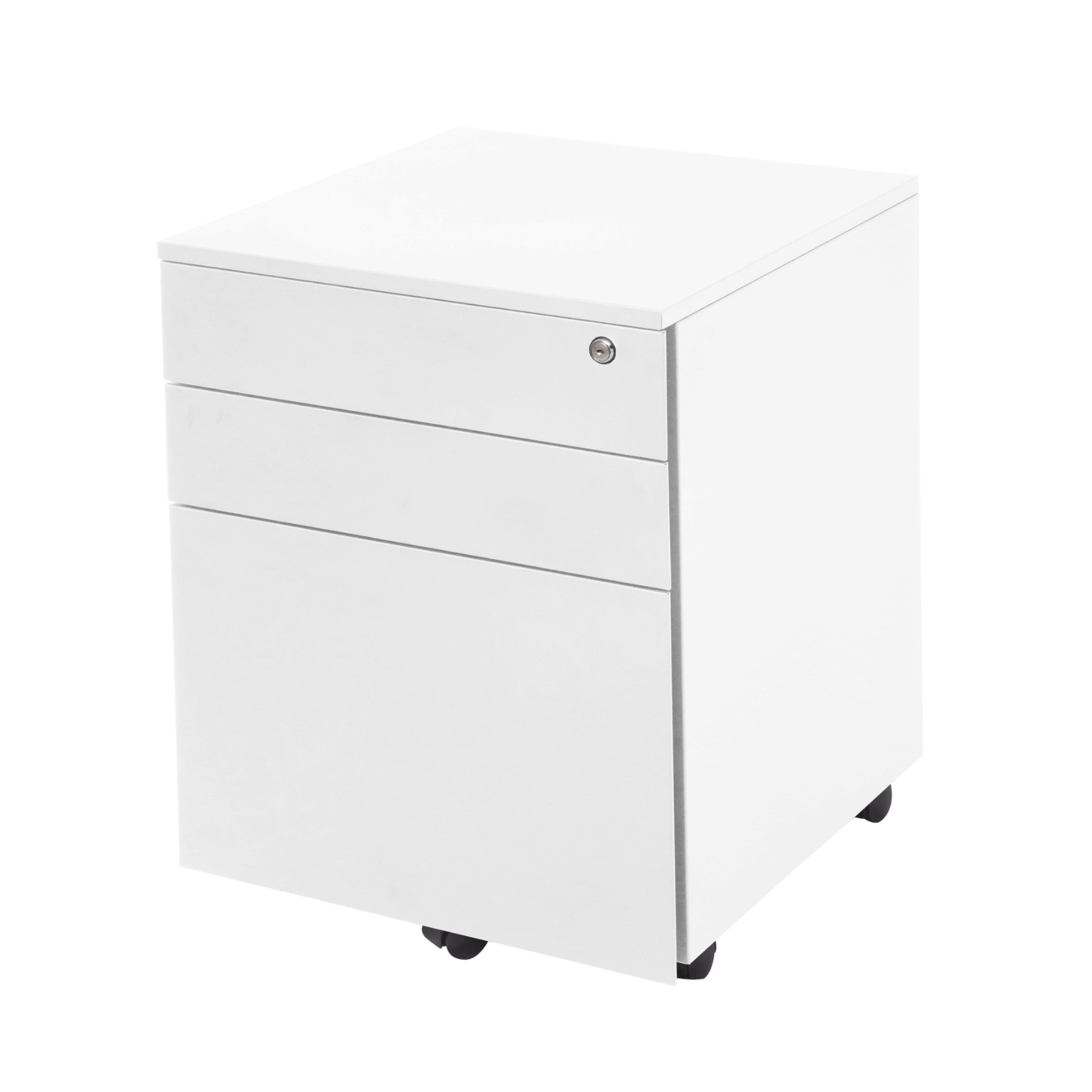 Stone-46 white mobile pedestal with three drawers and castor wheels.