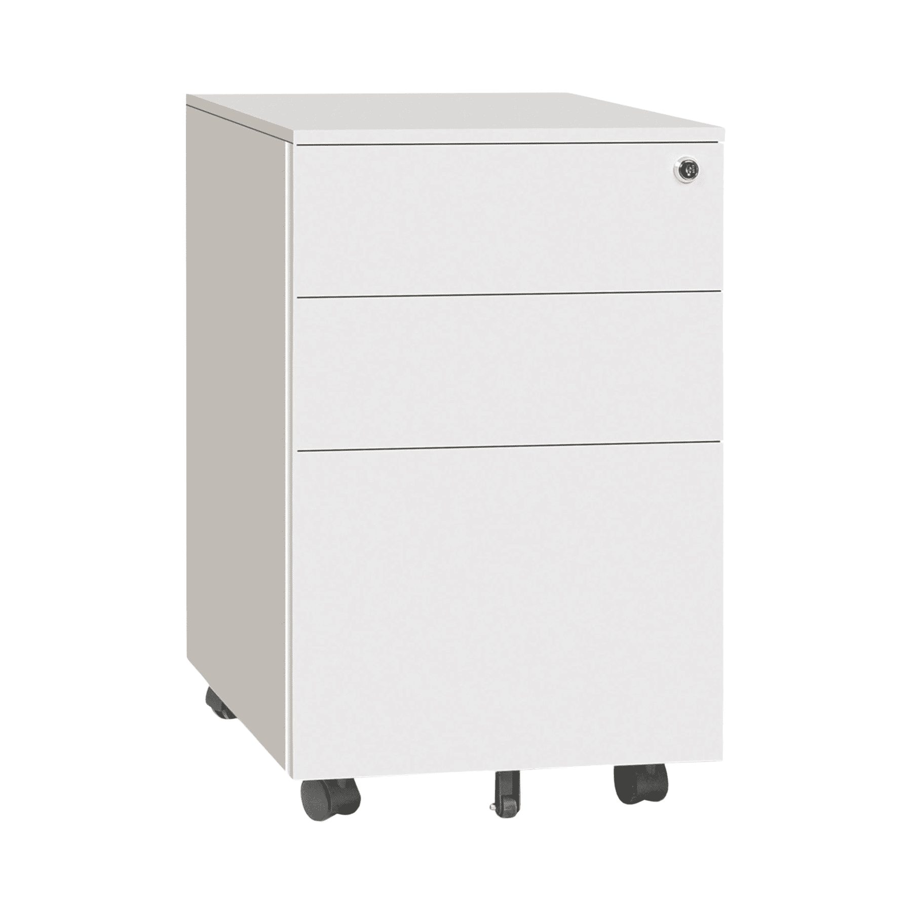 White satin steel mobile pedestal with three lockable drawers and smooth-rolling castor wheels.