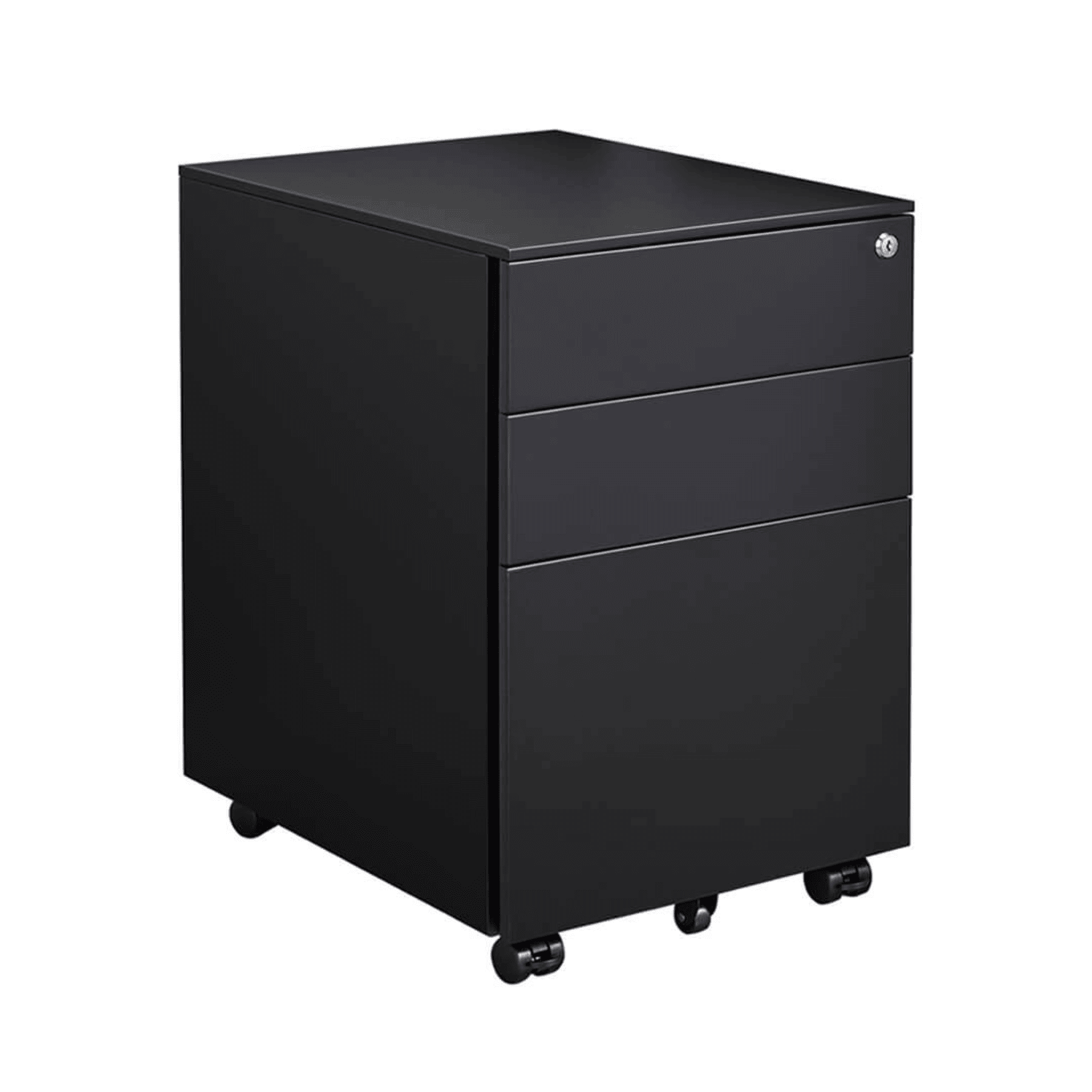 Black satin steel mobile pedestal with three lockable drawers and smooth-rolling castor wheels.