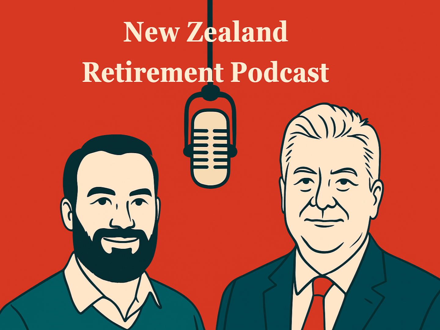 Illustration of two men, one with a beard and the other with gray hair, with text that reads 'New Zealand Retirement Podcast' and an image of a microphone in the center.