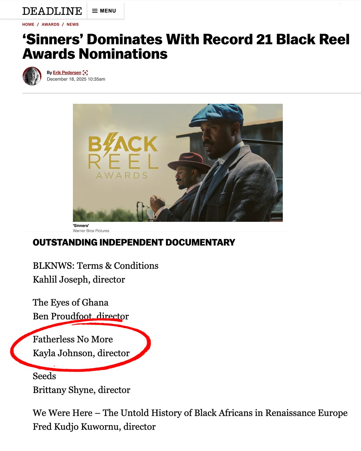 Fatherless No More Nominated for Outstanding Independent Documentary