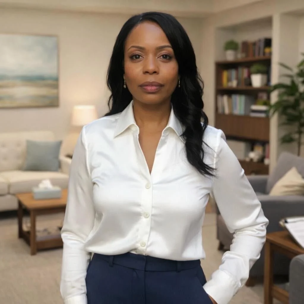 Profile picture of Dionne Frank, csw therapist, in her office.