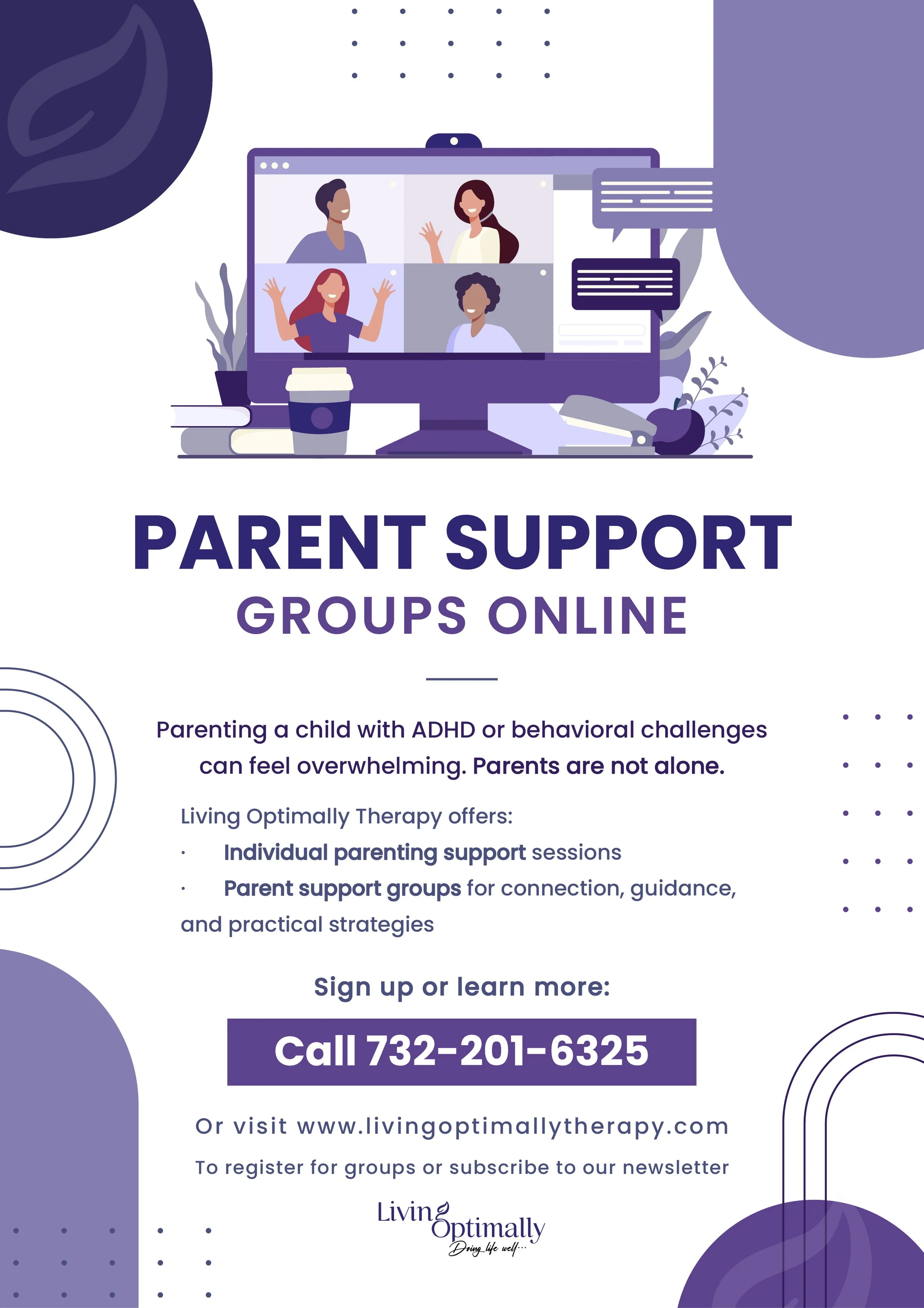 Flyer promoting Living Optimally Therapy’s online parent support groups for caregivers of children with ADHD and behavioral challenges.