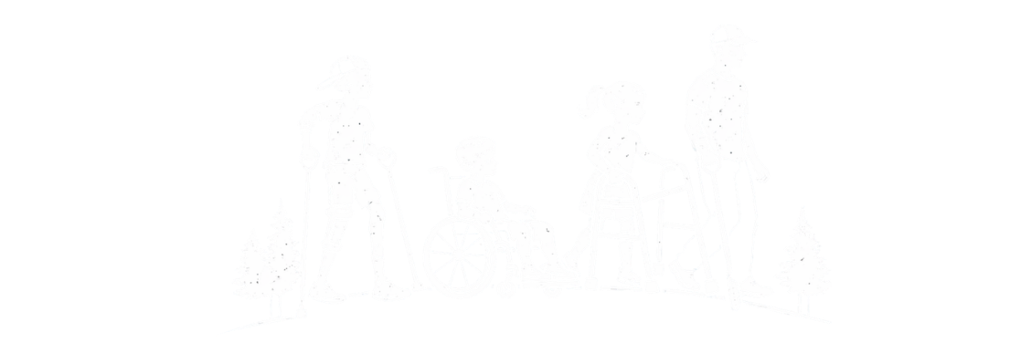 Silhouette of a family with children and elderly, some using walkers and a wheelchair, outdoors with trees, against a black background.