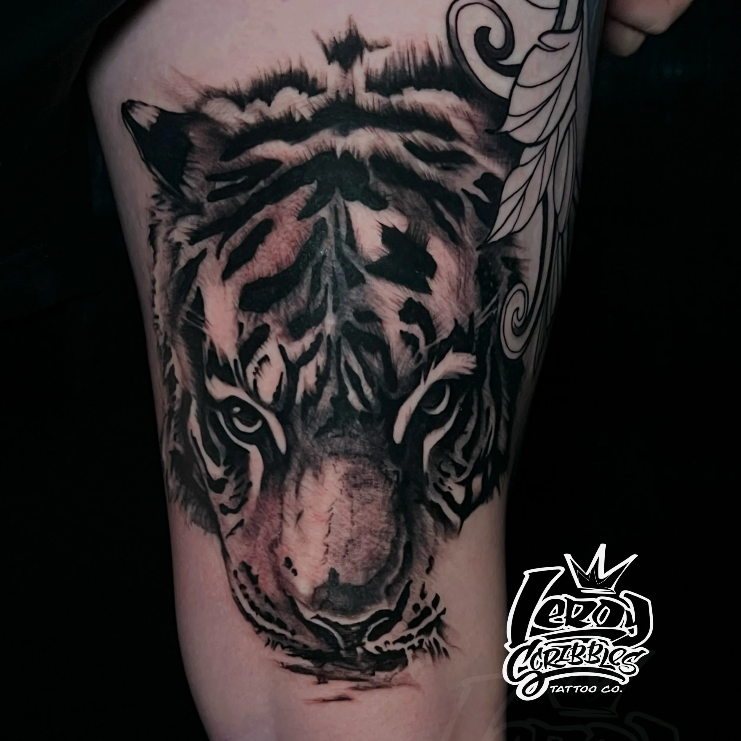 Black and grey tiger head on man’s thigh. tattoo done by Leroy Scribbles an Arizona local tattoo artist