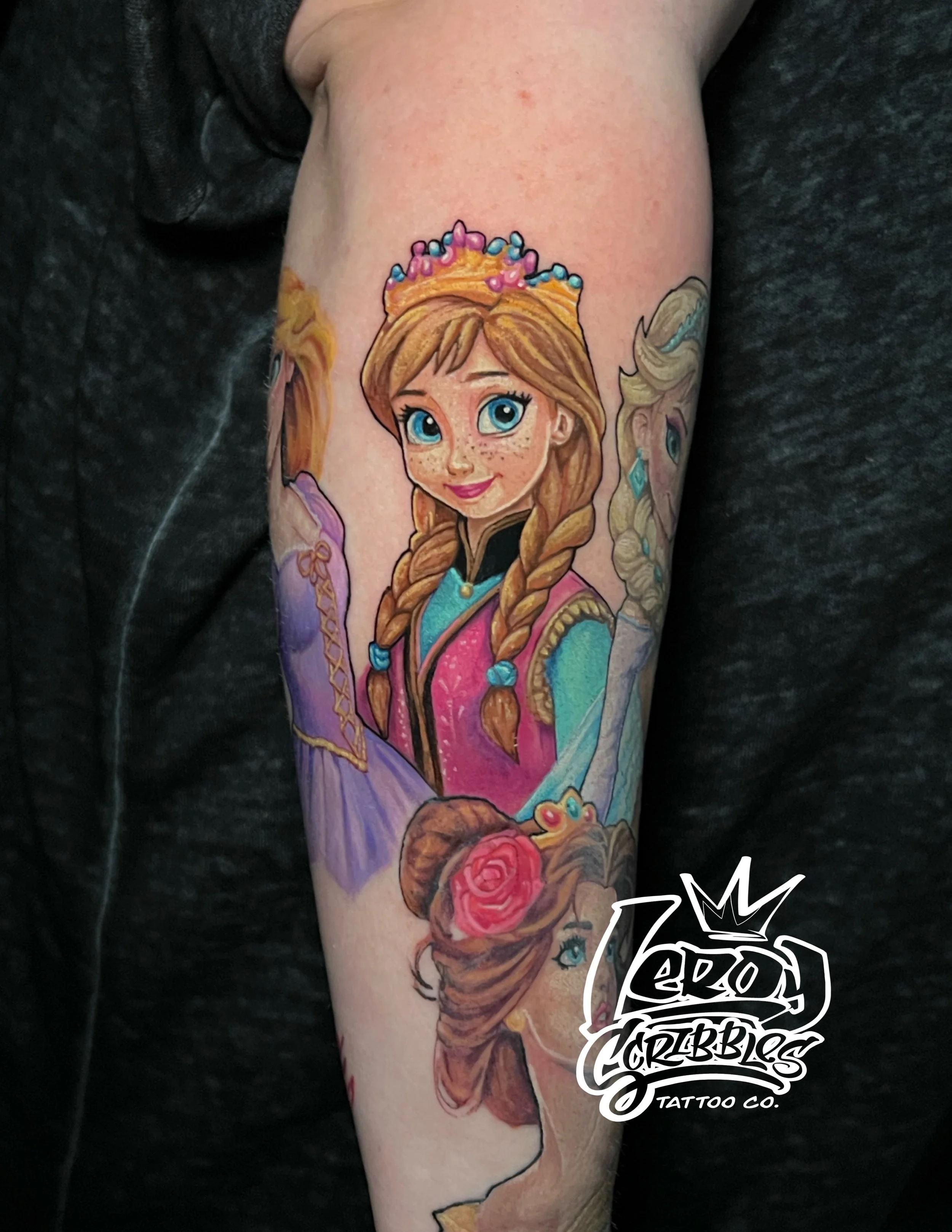 Another Disney classic princess from frozen. Full color woman’s forearm tattoo in part to a large sleeve. Tattoo done by Leroy Scribbles an Arizona tattoo artist