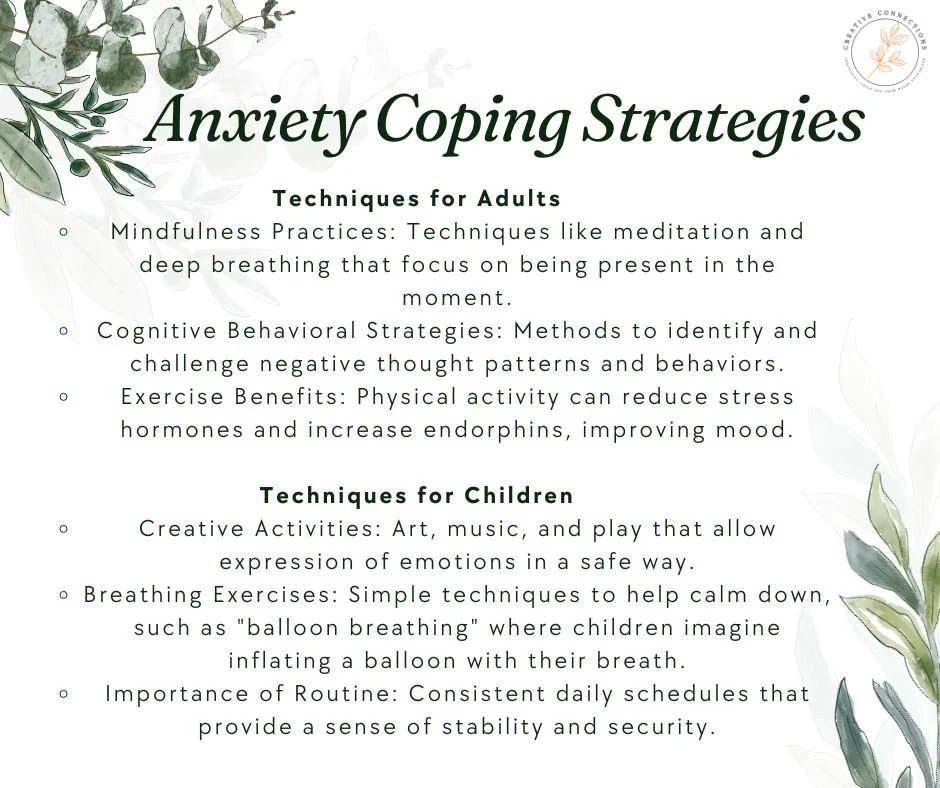 Managing anxiety starts with effective coping strategies. For adults, mindfulness practices, cognitive behavioral strategies, and exercise can significantly improve mood and reduce stress. For children, creative activities, breathing exercises like '