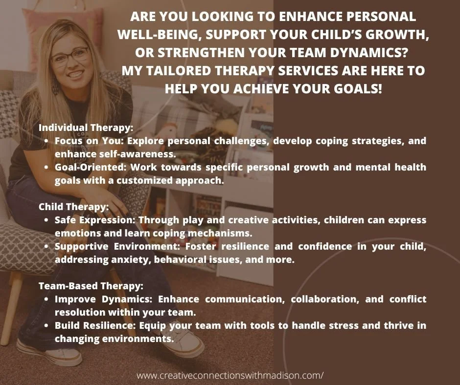 Now Accepting New Clients!

Invest in your well-being, your child&rsquo;s development, or your team&rsquo;s success. Contact me today to schedule your appointment. Let&rsquo;s work together to create positive change!
https://creativeconnectionswithma