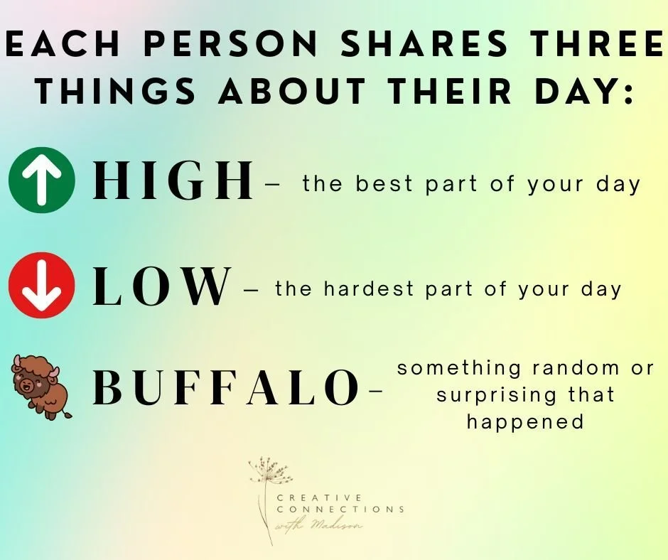 At dinner or bedtime, have everyone share three things about their day:

High &ndash; the best part of your day
Low &ndash; the hardest part of your day
Buffalo &ndash; something random or surprising that happened

This simple activity helps kids pra