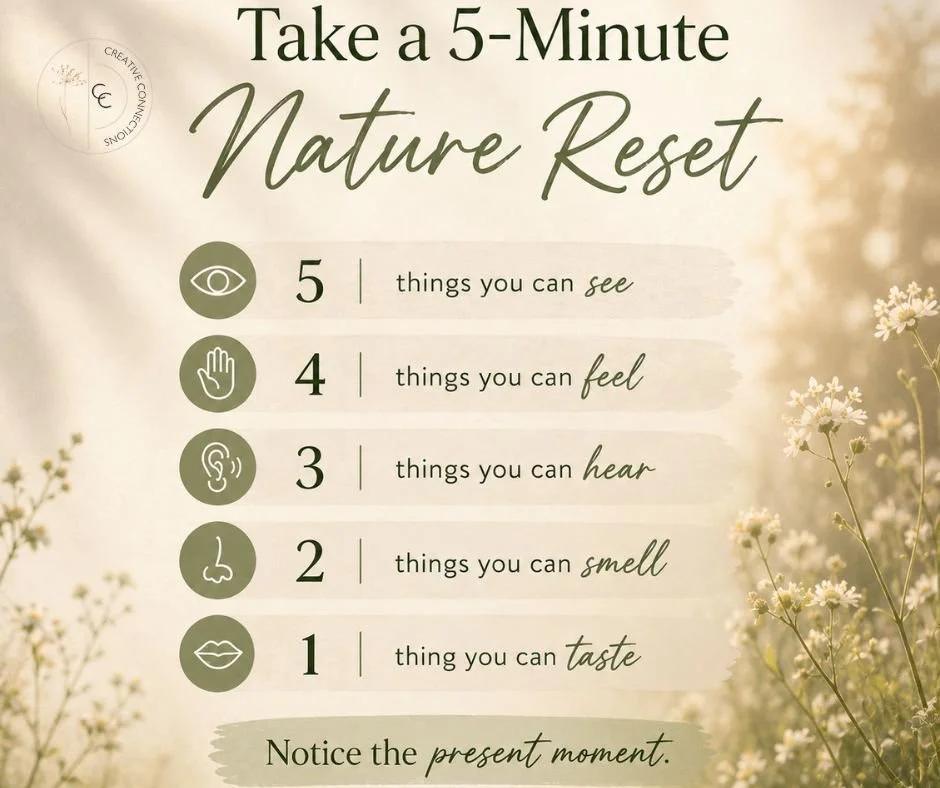 Feeling overwhelmed, distracted, or stuck in your head?

Try this simple grounding exercise the next time you step outside:
Notice 5 things you can see
Notice 4 things you can feel
Notice 3 things you can hear
Notice 2 things you can smell
Notice 1 t