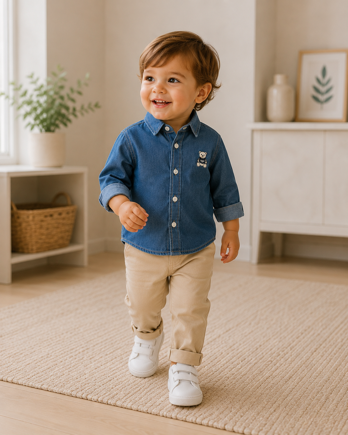 Toddler boy wearing the Classic Oxford Shirt, a timeless button-up shirt with rolled sleeves and a relaxed fit.