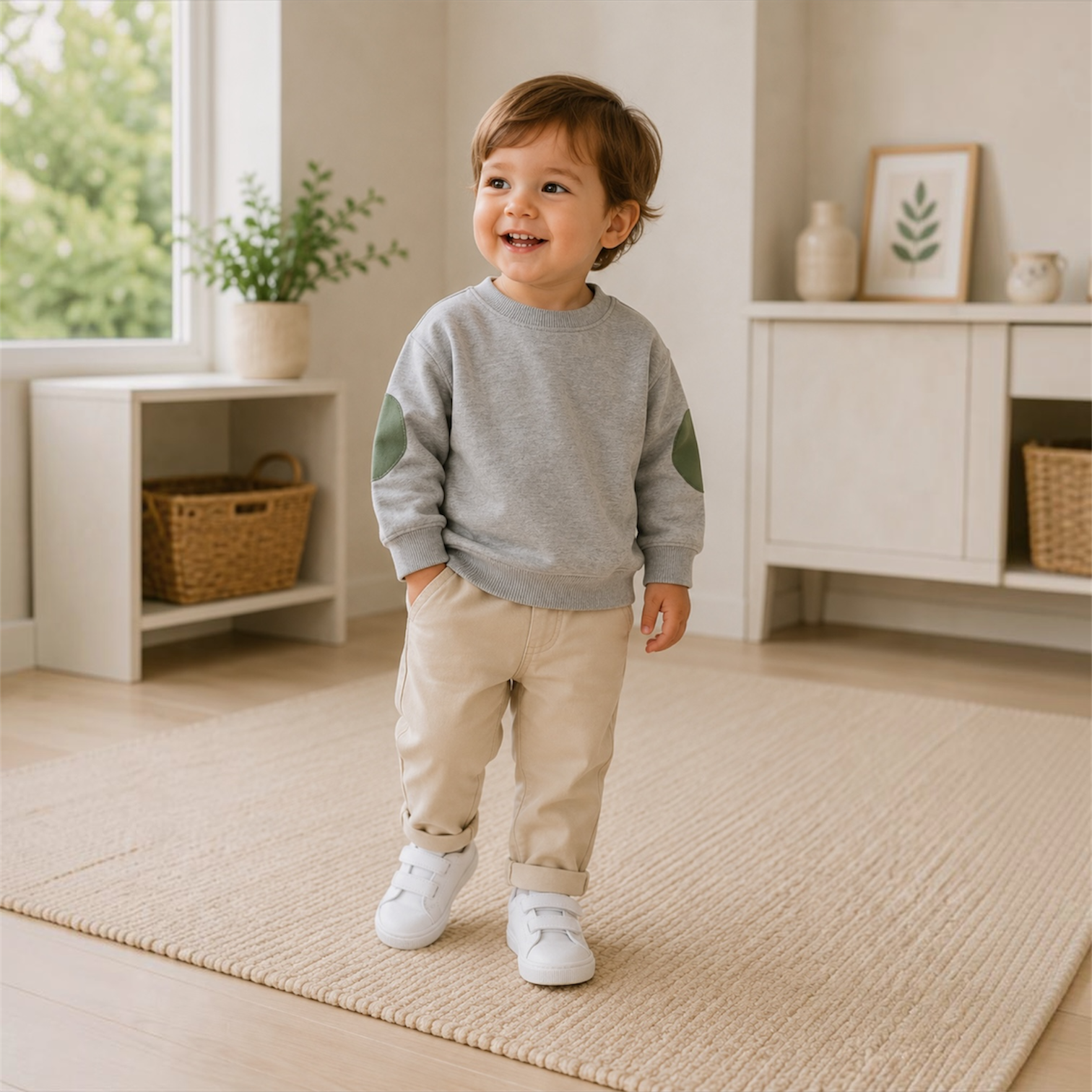 oddler boy wearing the Everyday Crew sweater with contrast elbow patches and neutral pants.