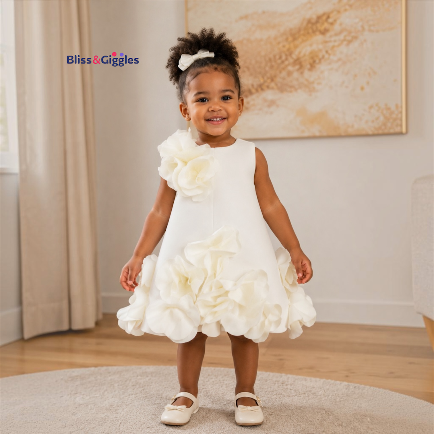 Generic alt text: Girl wearing the Bliss & Giggles floral dress, featuring a sleeveless silhouette, delicate 3D flower details, and a full statement skirt, styled with a matching bow headband.