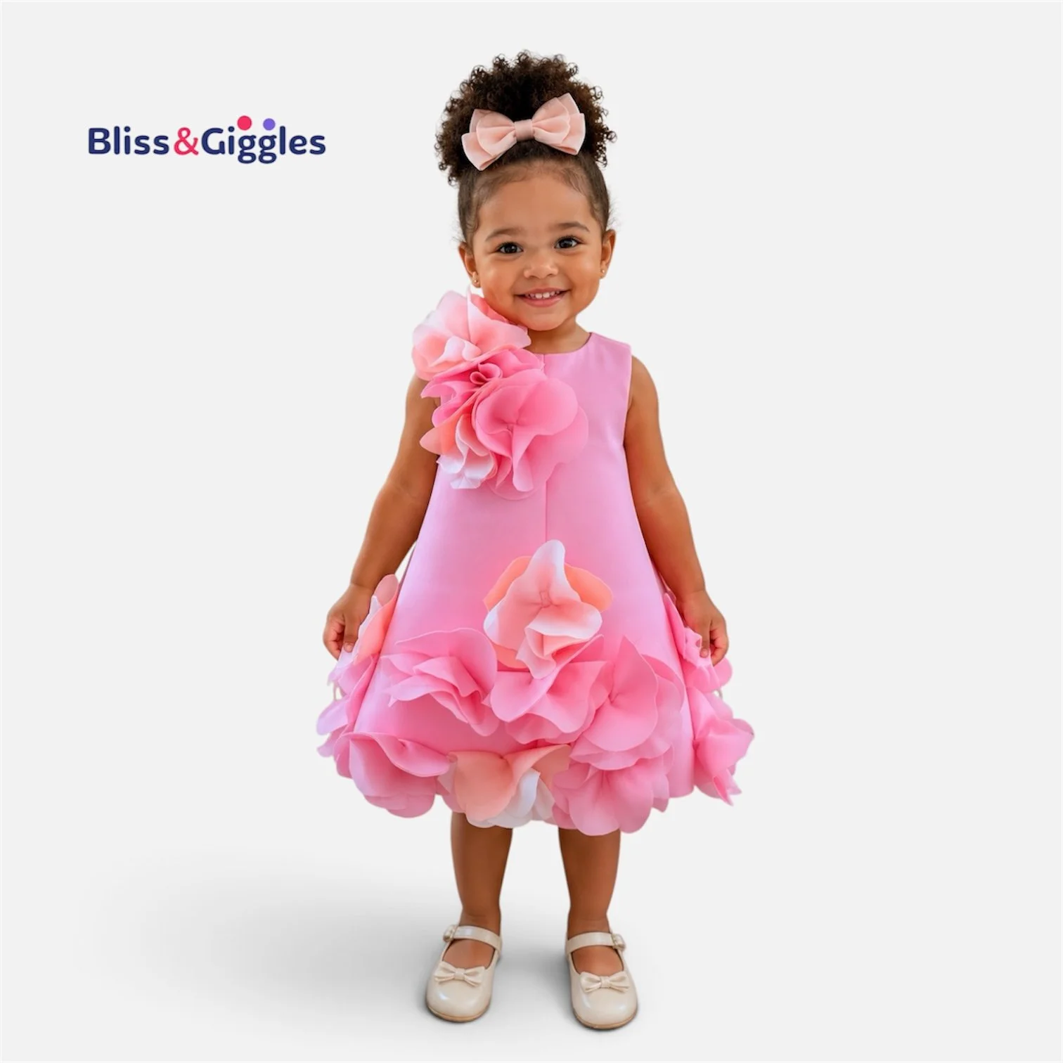 Generic alt text: Girl wearing the Bliss & Giggles floral dress, featuring a sleeveless silhouette, delicate 3D flower details, and a full statement skirt, styled with a matching bow headband.