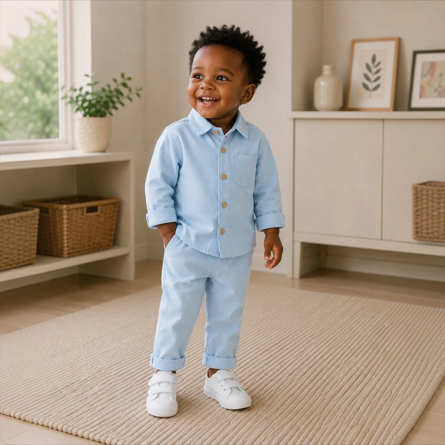 Toddler boy wearing the Aspen Set, a stylish two-piece button-up shirt and matching pants outfit in blue.