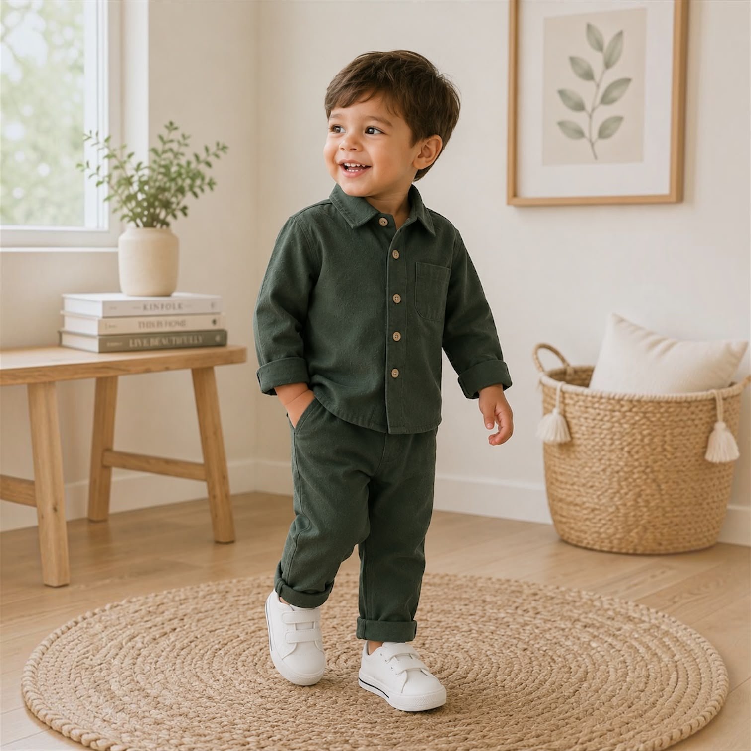 Toddler boy wearing the Aspen Set, a stylish two-piece button-up shirt and matching pants outfit in a green.