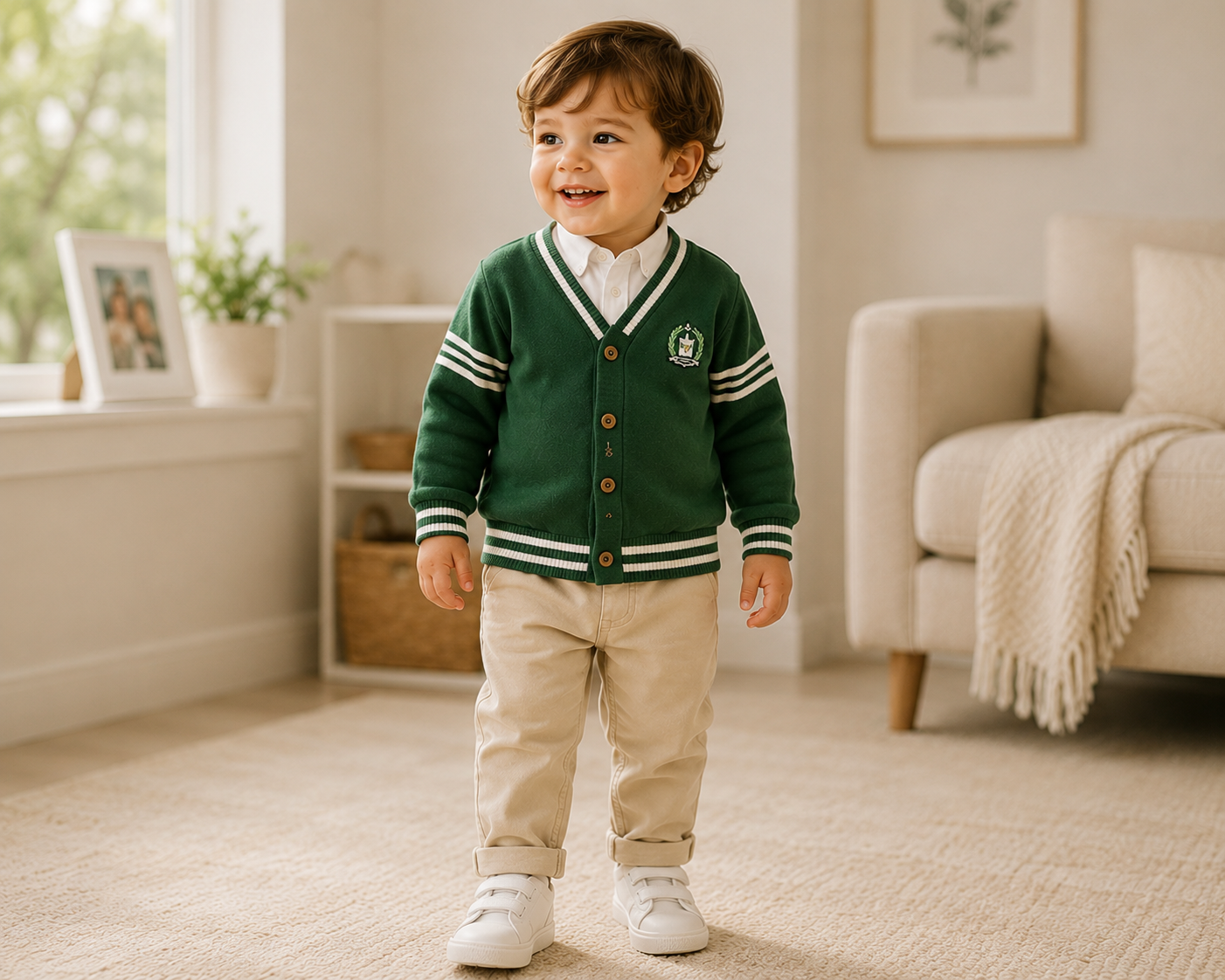 Heritage Varsity Cardigan for boys featuring a classic knit design with contrast striped trim, perfect for layering and everyday wear.