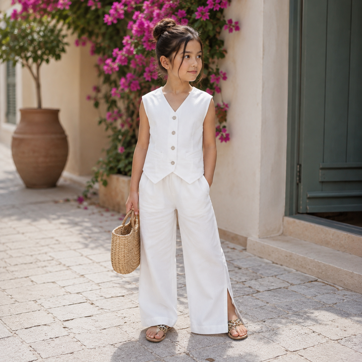 Sienna Luxe Set for girls featuring a tailored sleeveless vest and wide-leg trousers with side slits, perfect for special occasions, vacations, and stylish outings.
