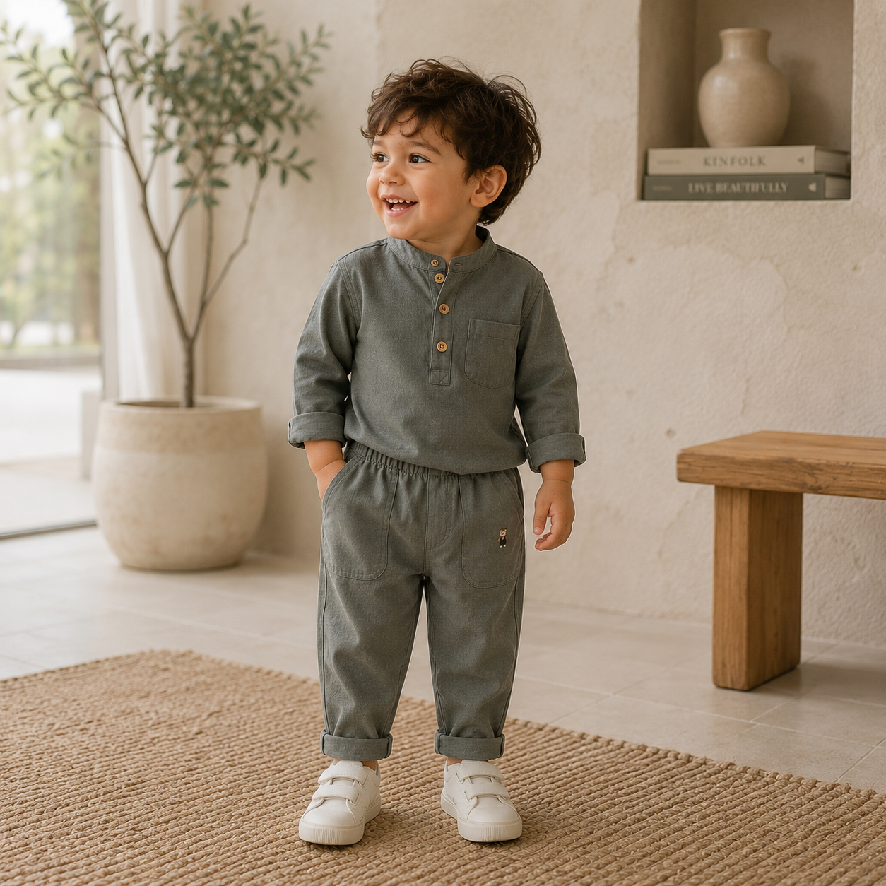 Toddler boy wearing the Everyday Explorer Pants, comfortable casual pants designed for everyday adventures.