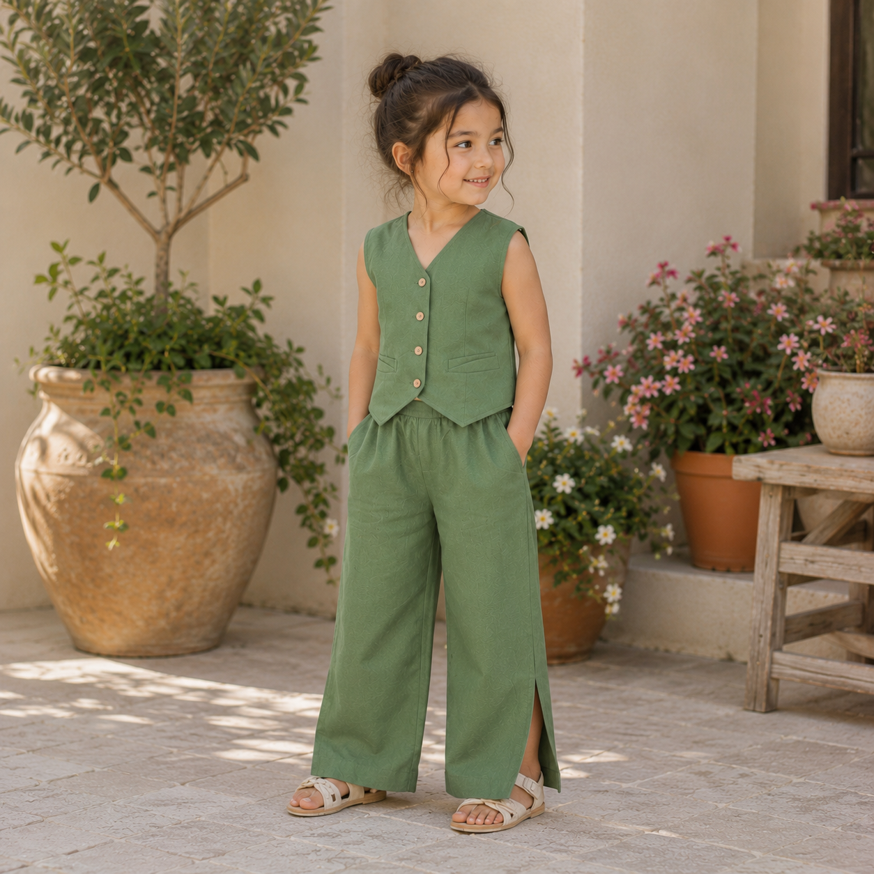 Sienna Luxe Set for girls featuring a tailored sleeveless vest and wide-leg trousers with side slits, perfect for special occasions, vacations, and stylish outings.