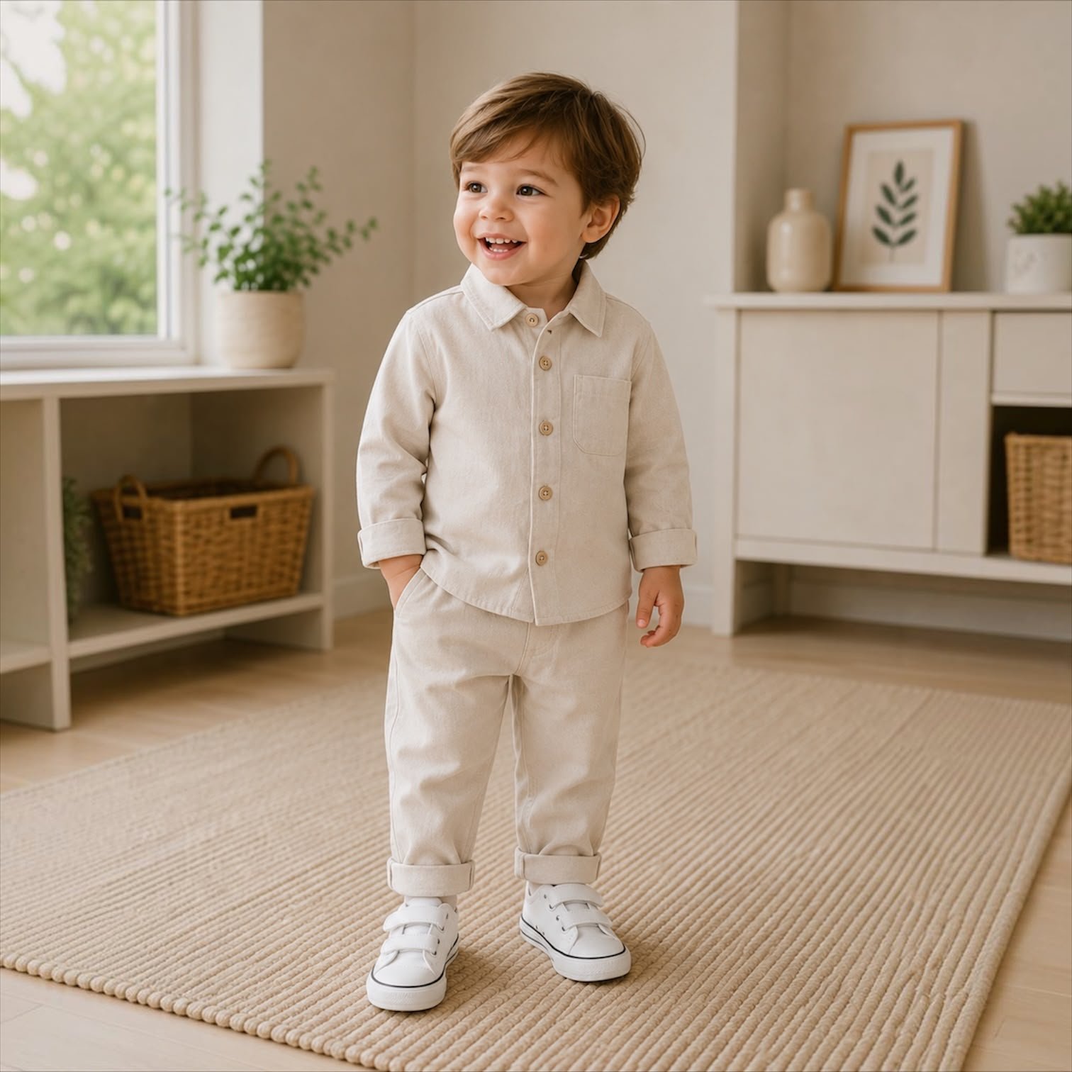 Toddler boy wearing the Aspen Set, a stylish two-piece button-up shirt and matching pants outfit in a neutral tone.