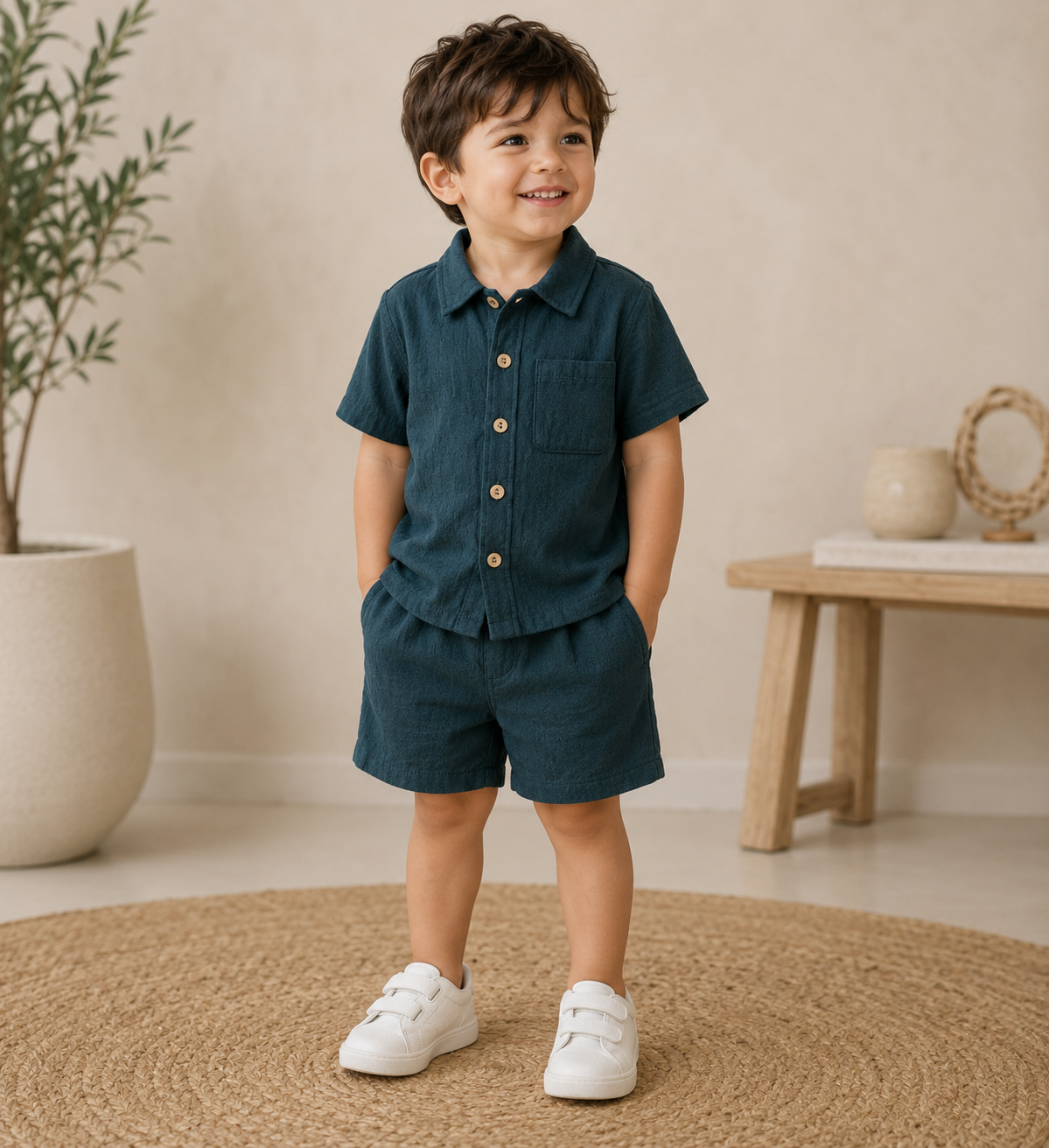 Little Explorer Linen Set for boys featuring a lightweight button-up shirt and matching shorts, perfect for warm-weather adventures, outings, and special occasions.