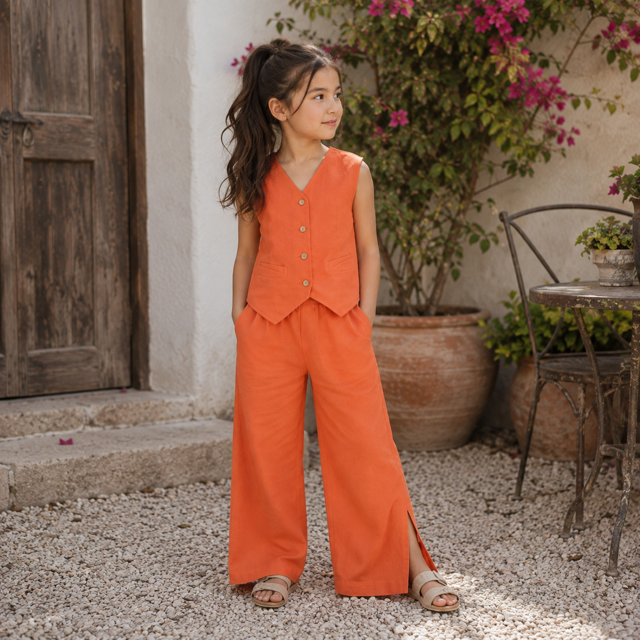 Sienna Luxe Set for girls featuring a tailored sleeveless vest and wide-leg trousers with side slits, perfect for special occasions, vacations, and stylish outings.