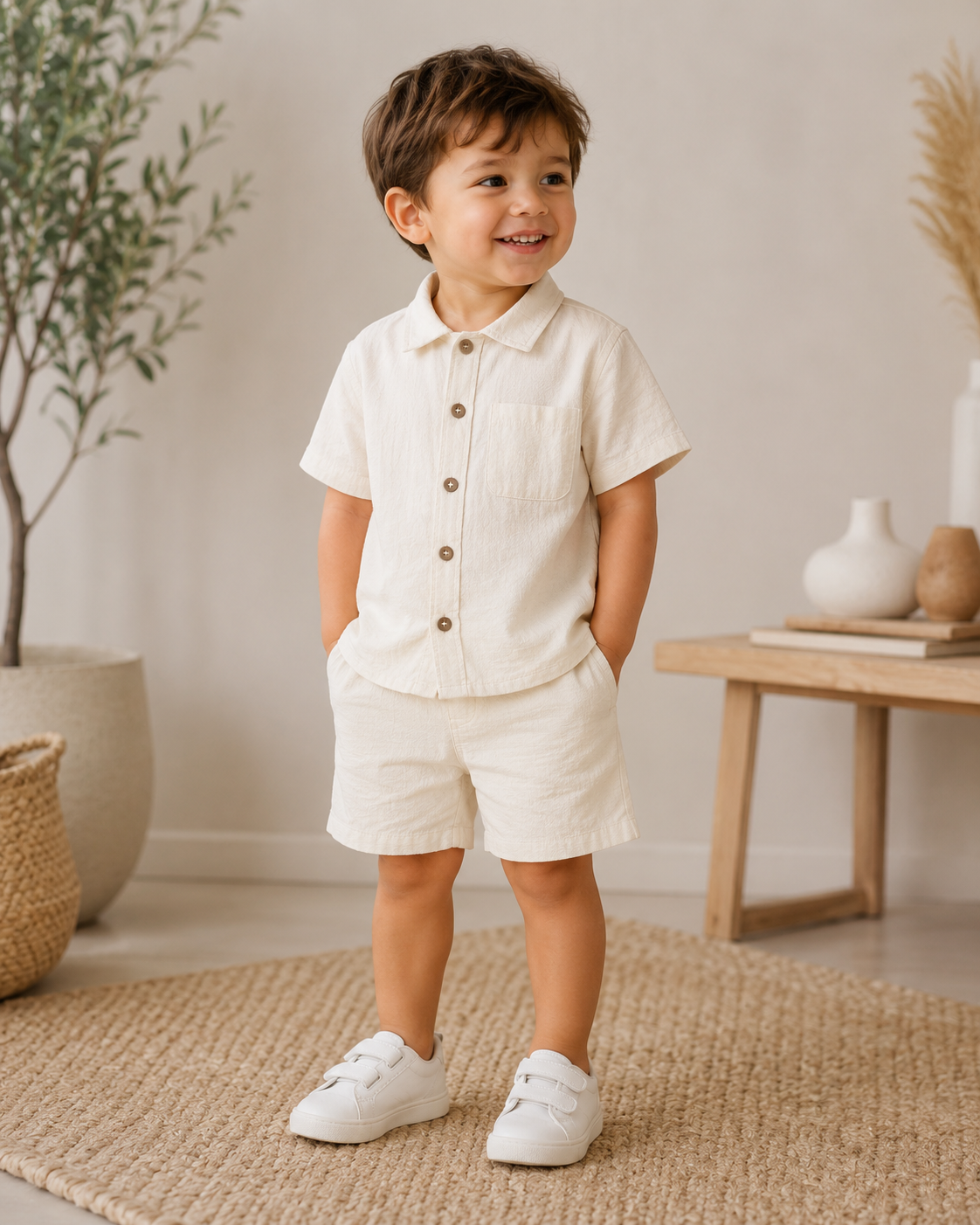 Little Explorer Linen Set for boys featuring a lightweight button-up shirt and matching shorts, perfect for warm-weather adventures, outings, and special occasions.