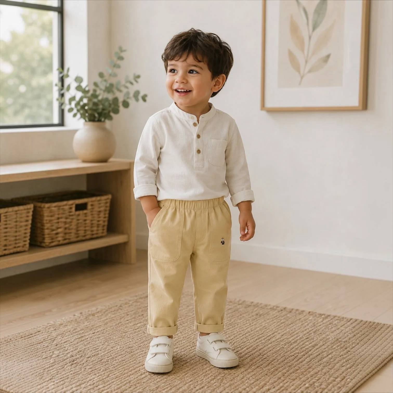 Toddler boy wearing the Everyday Explorer Pants, comfortable casual pants designed for everyday adventures.