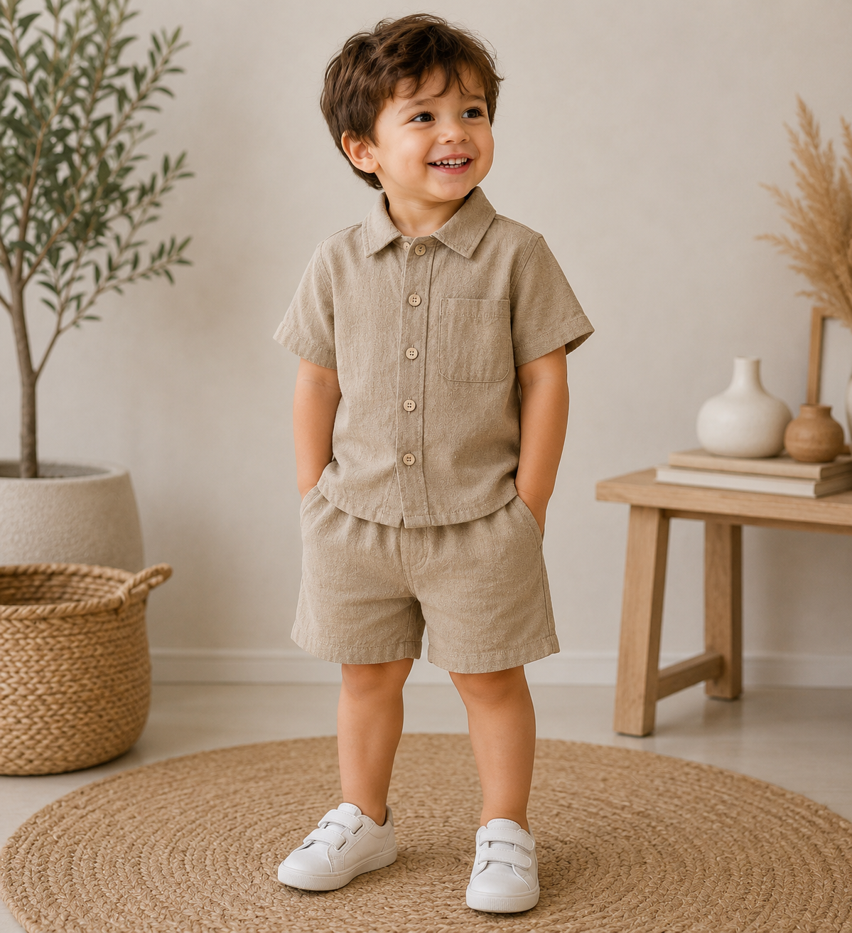 Little Explorer Linen Set for boys featuring a lightweight button-up shirt and matching shorts, perfect for warm-weather adventures, outings, and special occasions.