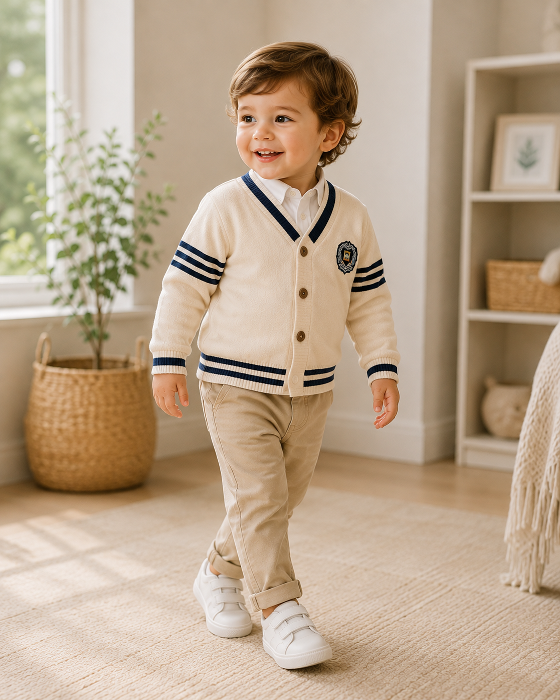 Heritage Varsity Cardigan for boys featuring a classic knit design with contrast striped trim, perfect for layering and everyday wear.