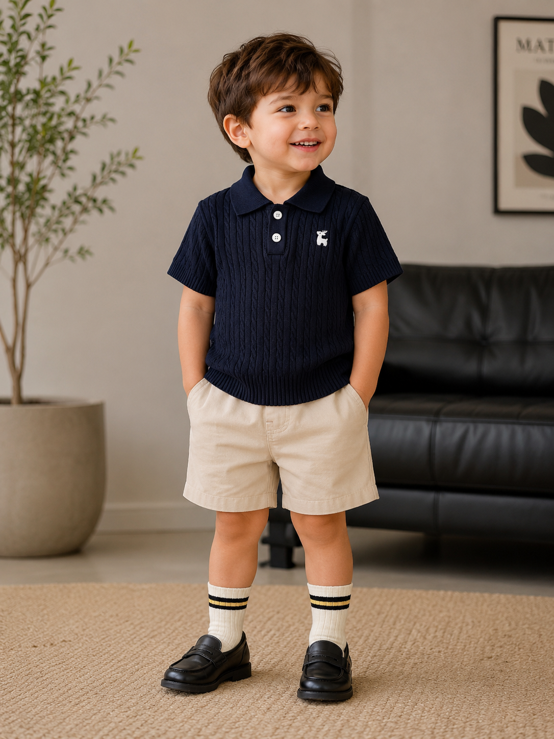 Kensington Polo Set for boys featuring a classic knit polo shirt and tailored shorts, perfect for stylish everyday wear and special occasions.