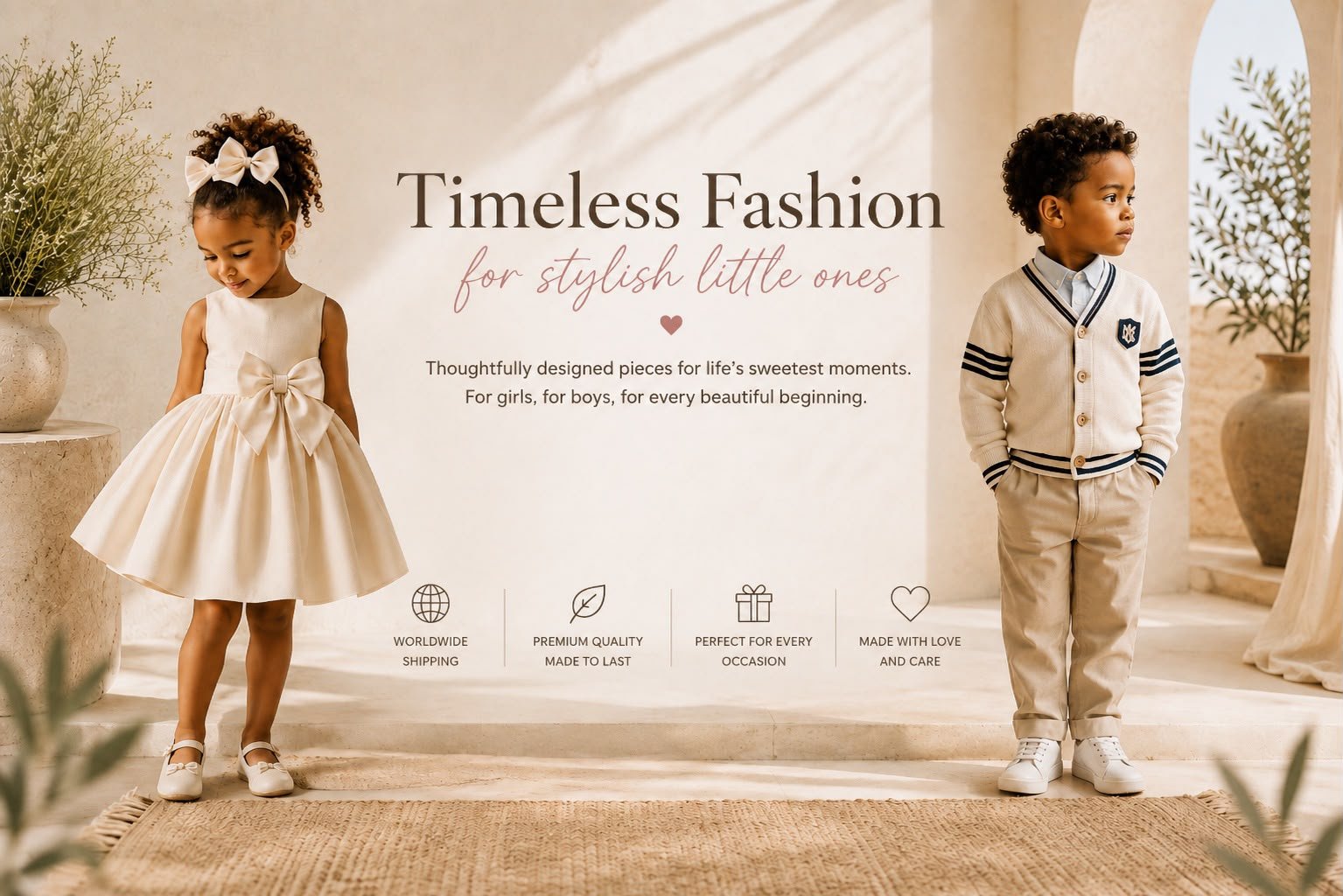Bliss & Giggles timeless fashion banner featuring a young girl in an elegant cream dress and a boy in a classic cream cardigan, promoting stylish clothing for girls and boys