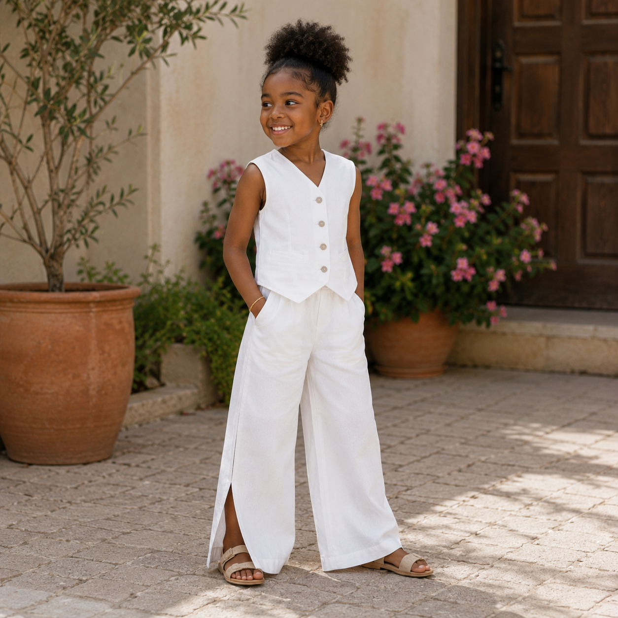 Sienna Luxe Set for girls featuring a tailored sleeveless vest and wide-leg trousers with side slits, perfect for special occasions, vacations, and stylish outings.
