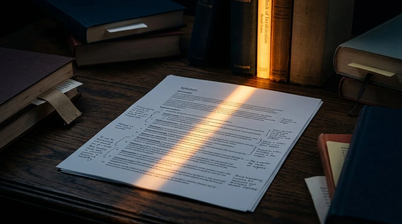 A syllabus and books on a desk with some items illuminated and others hidden in shadow, representing curriculum selection.