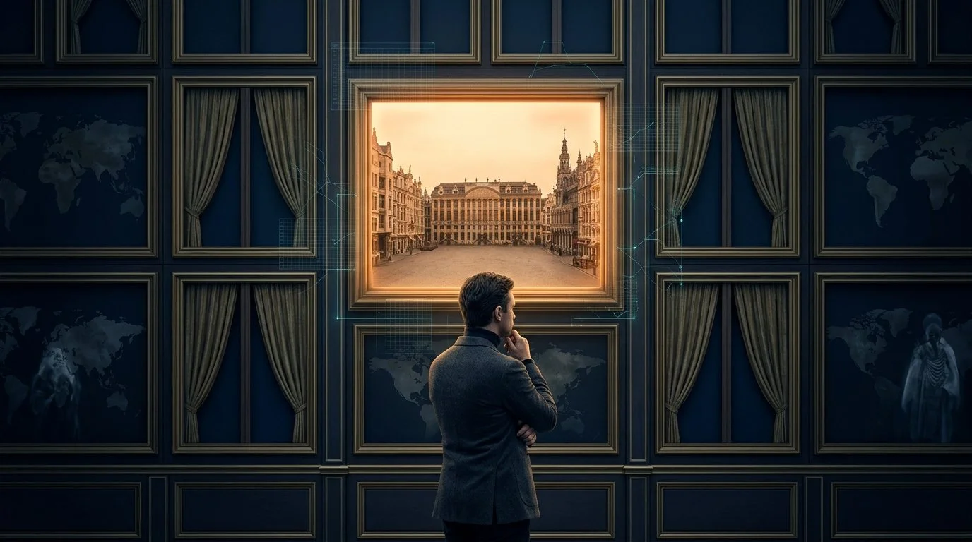A reader looking at one bright frame among many hidden frames, symbolizing how a narrow canon limits perception.