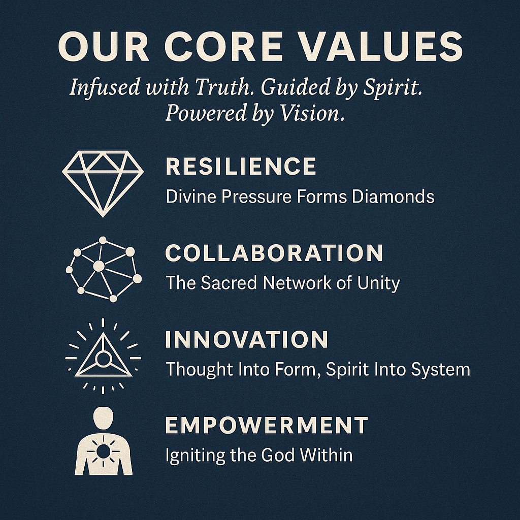 Infographic titled "Our Core Values" with the tagline "Infused with Truth. Guided by Spirit. Powered by Vision." It lists four values with icons: Resilience (diamond icon, "Divine Pressure Forms Diamonds"), Collaboration (network icon, "The Sacred Network of Unity"), Innovation (triangle icon, "Thought Into Form, Spirit Into System"), Empowerment (person icon, "Igniting the God Within").