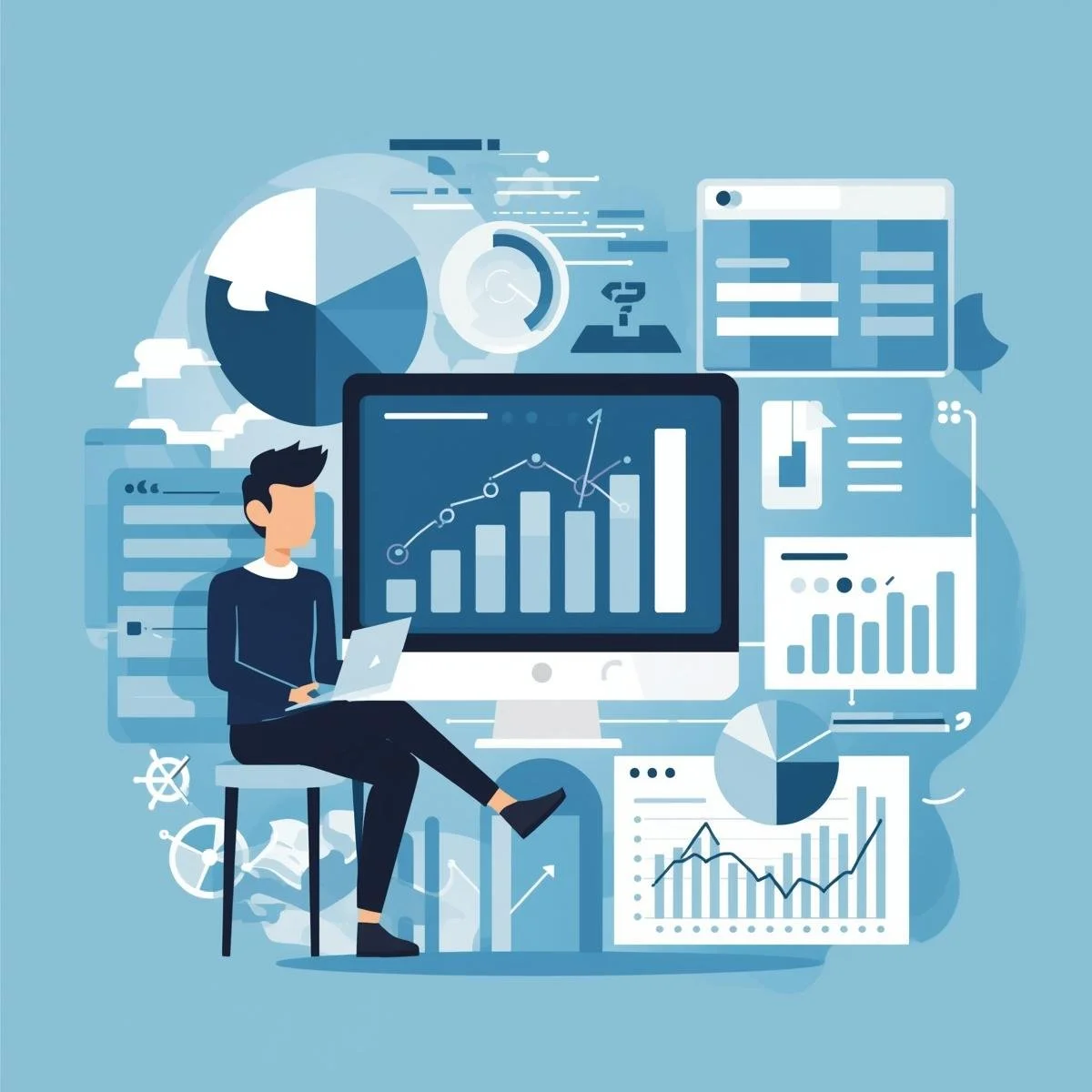 A person sitting on a stool with a laptop, surrounded by various charts, graphs, and data visualizations on screens and floating panels.